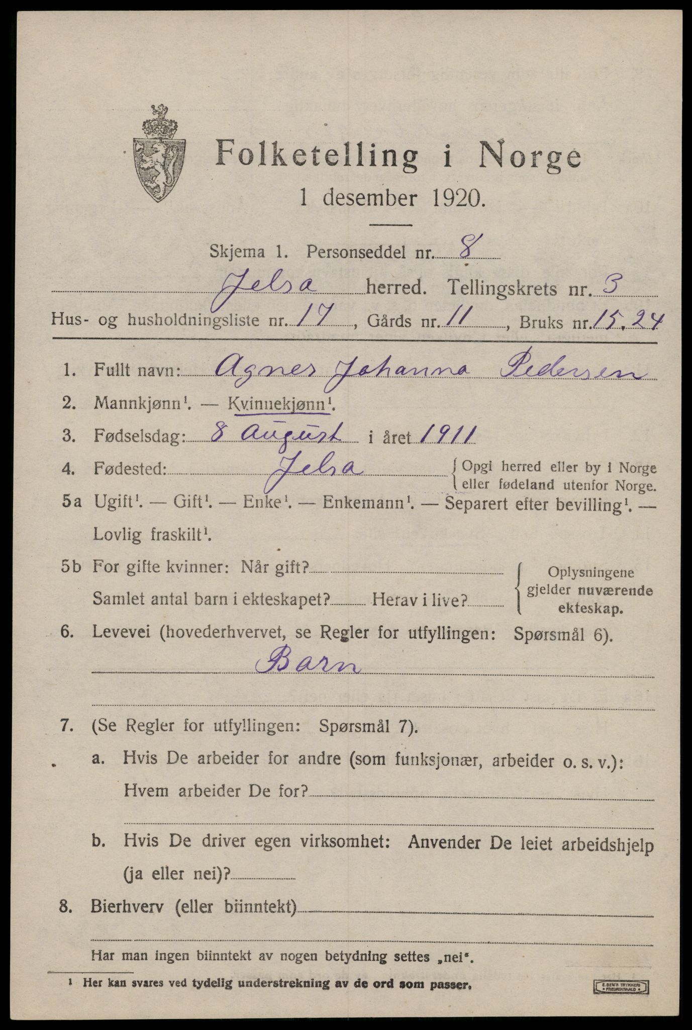 SAST, 1920 census for Jelsa, 1920, p. 1170