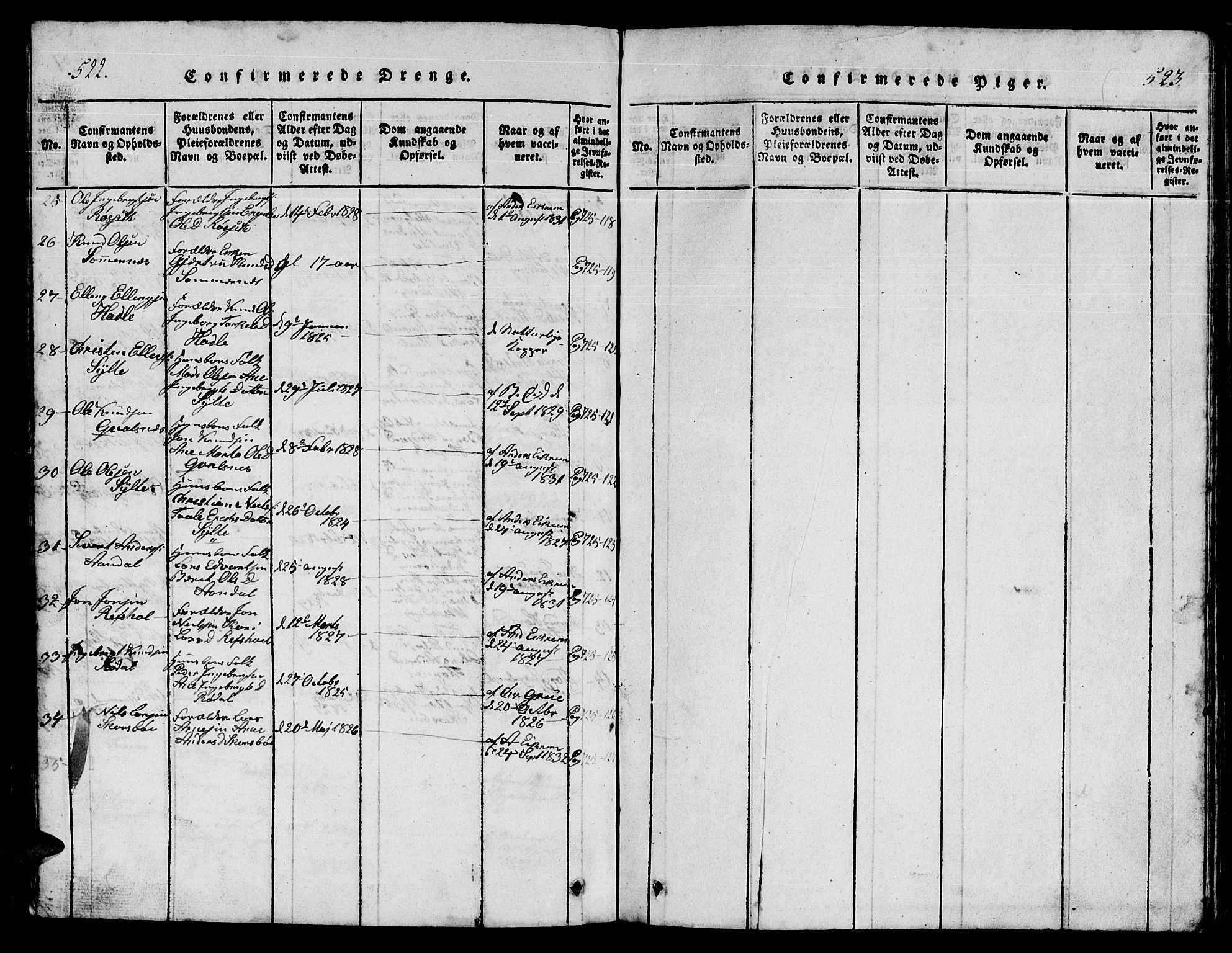 Ministerialprotokoller, klokkerbøker og fødselsregistre - Møre og Romsdal, AV/SAT-A-1454/565/L0752: Parish register (copy) no. 565C01, 1817-1844, p. 522-523