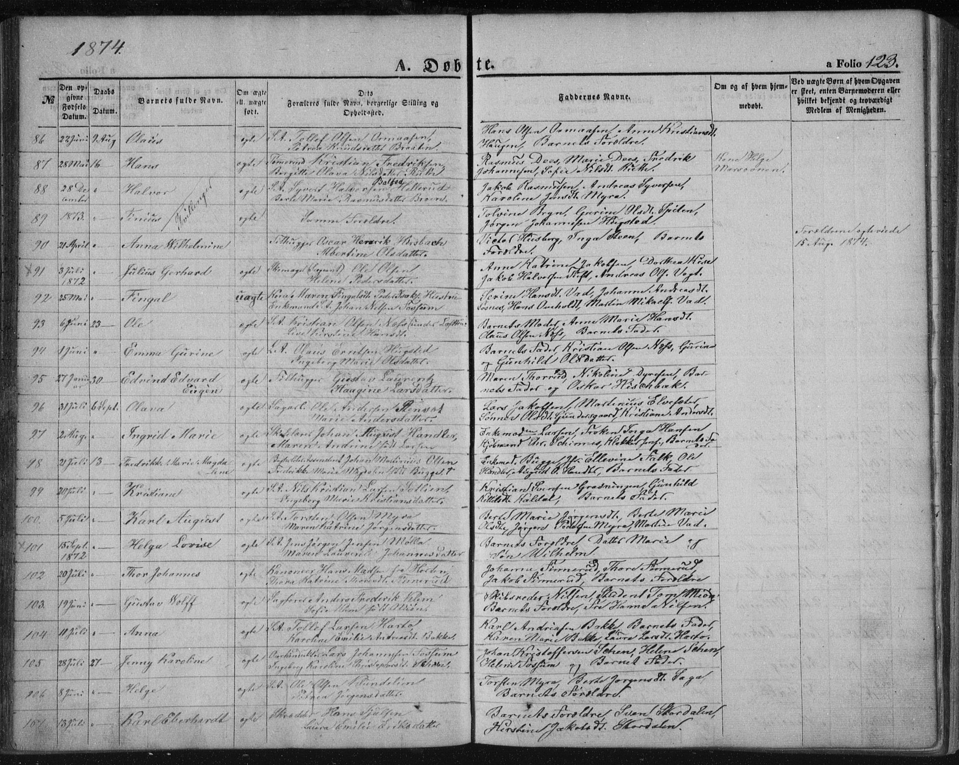 Kongsberg kirkebøker, SAKO/A-22/F/Fa/L0010: Parish register (official) no. I 10, 1859-1875, p. 123