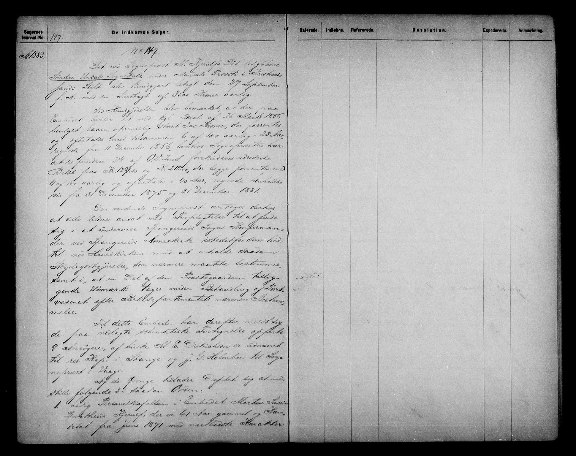 Kirke- og undervisningsdepartementet, Kontoret  for kirke og geistlighet A, AV/RA-S-1007/A/Aa/L0220: Referatprotokoll bd. 2. Ref.nr. 144-218, 1883