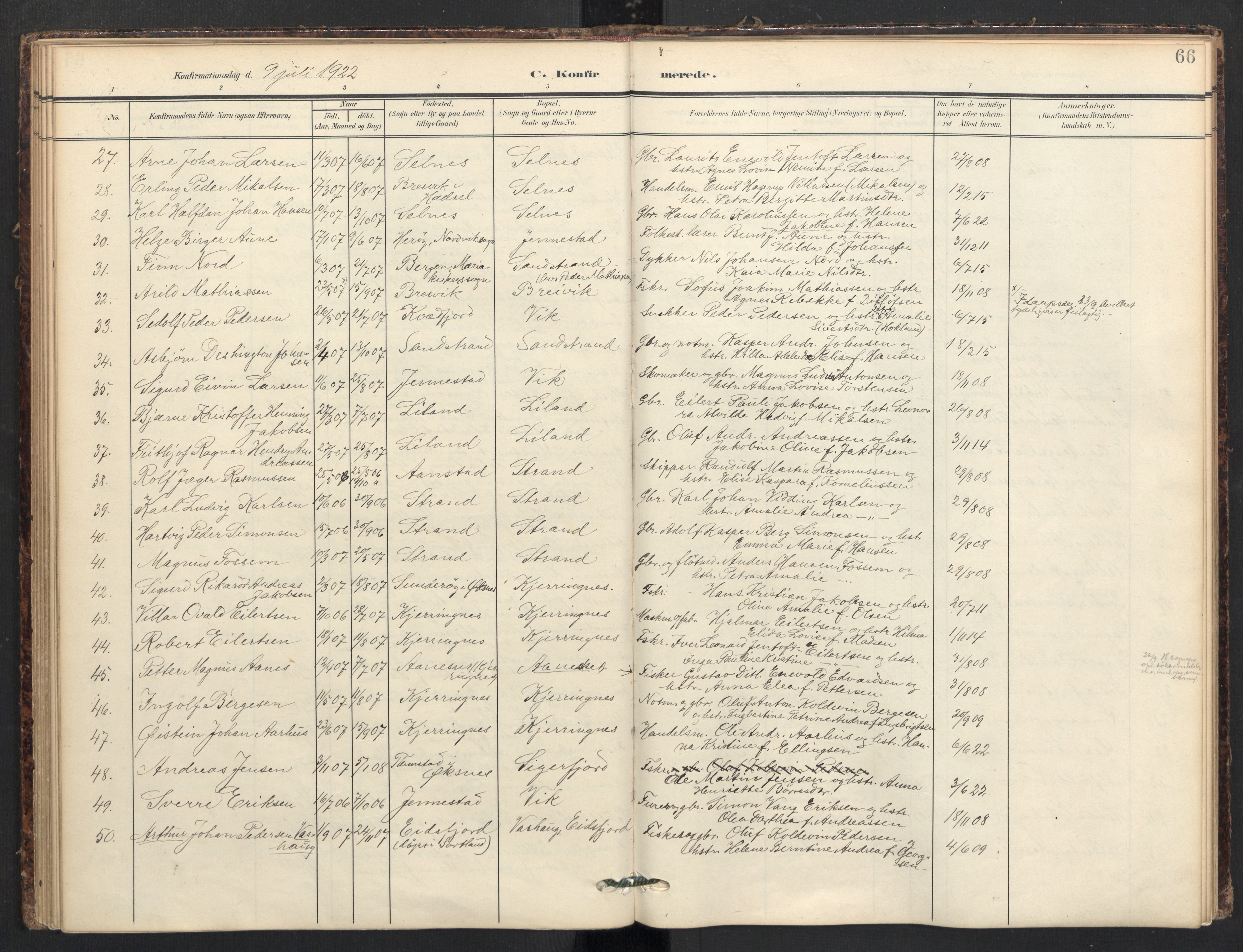 Ministerialprotokoller, klokkerbøker og fødselsregistre - Nordland, AV/SAT-A-1459/895/L1375: Parish register (official) no. 895A10, 1907-1938, p. 66