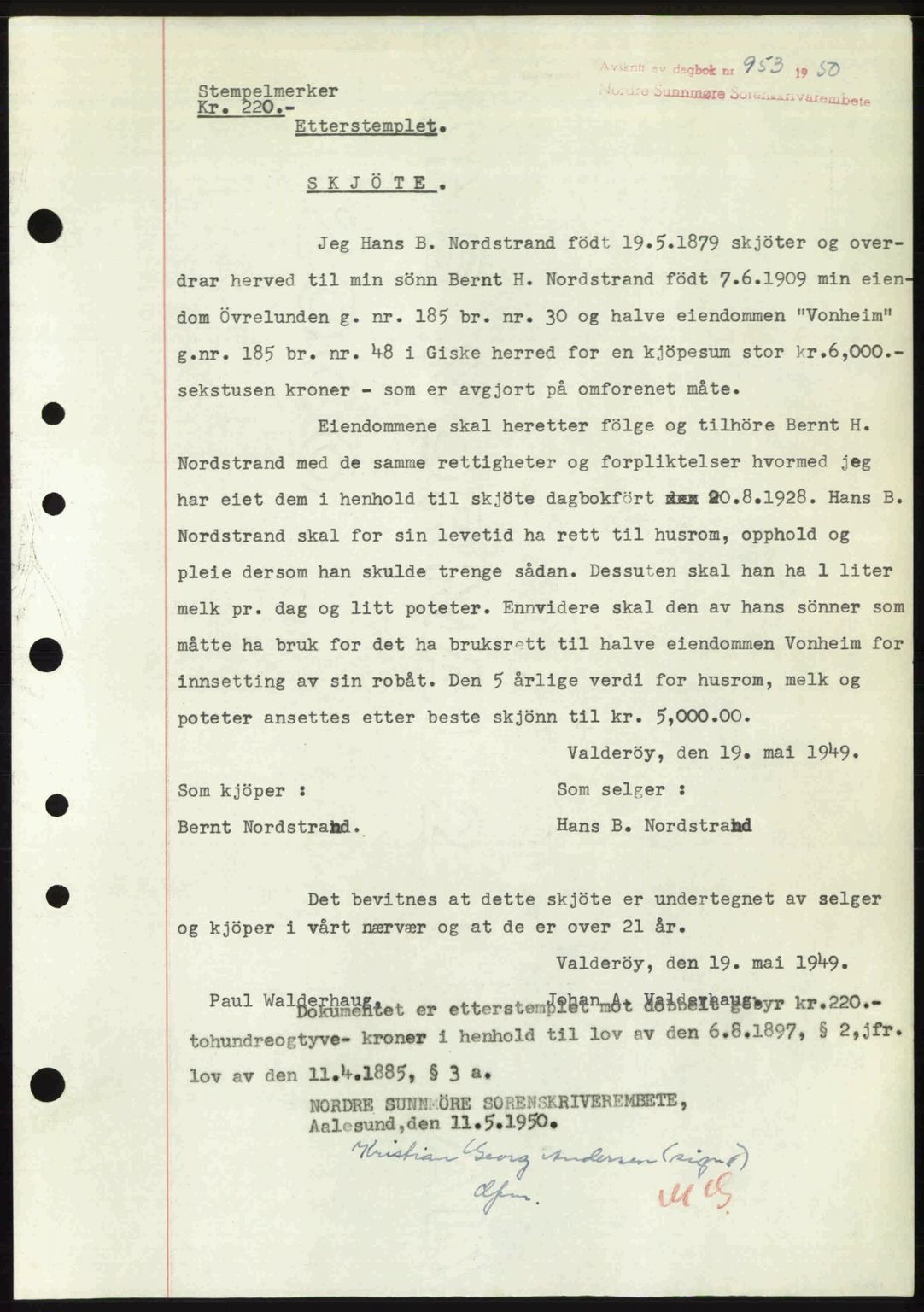 Nordre Sunnmøre sorenskriveri, AV/SAT-A-0006/1/2/2C/2Ca: Mortgage book no. A34, 1950-1950, Diary no: : 953/1950