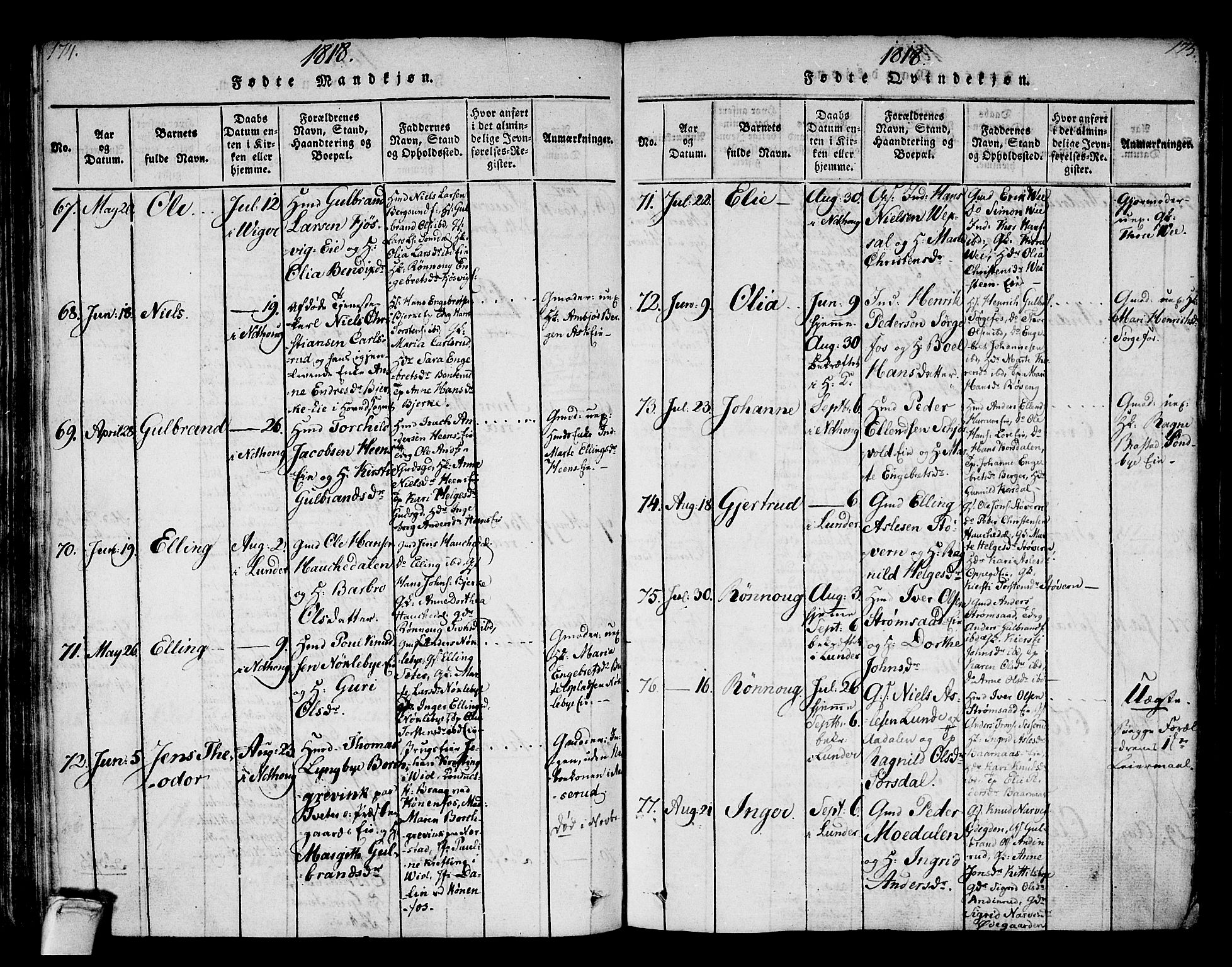 Norderhov kirkebøker, AV/SAKO-A-237/F/Fa/L0008: Parish register (official) no. 8, 1814-1833, p. 174-175