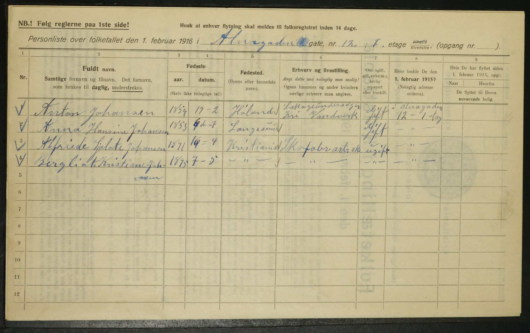 OBA, Municipal Census 1916 for Kristiania, 1916, p. 1165