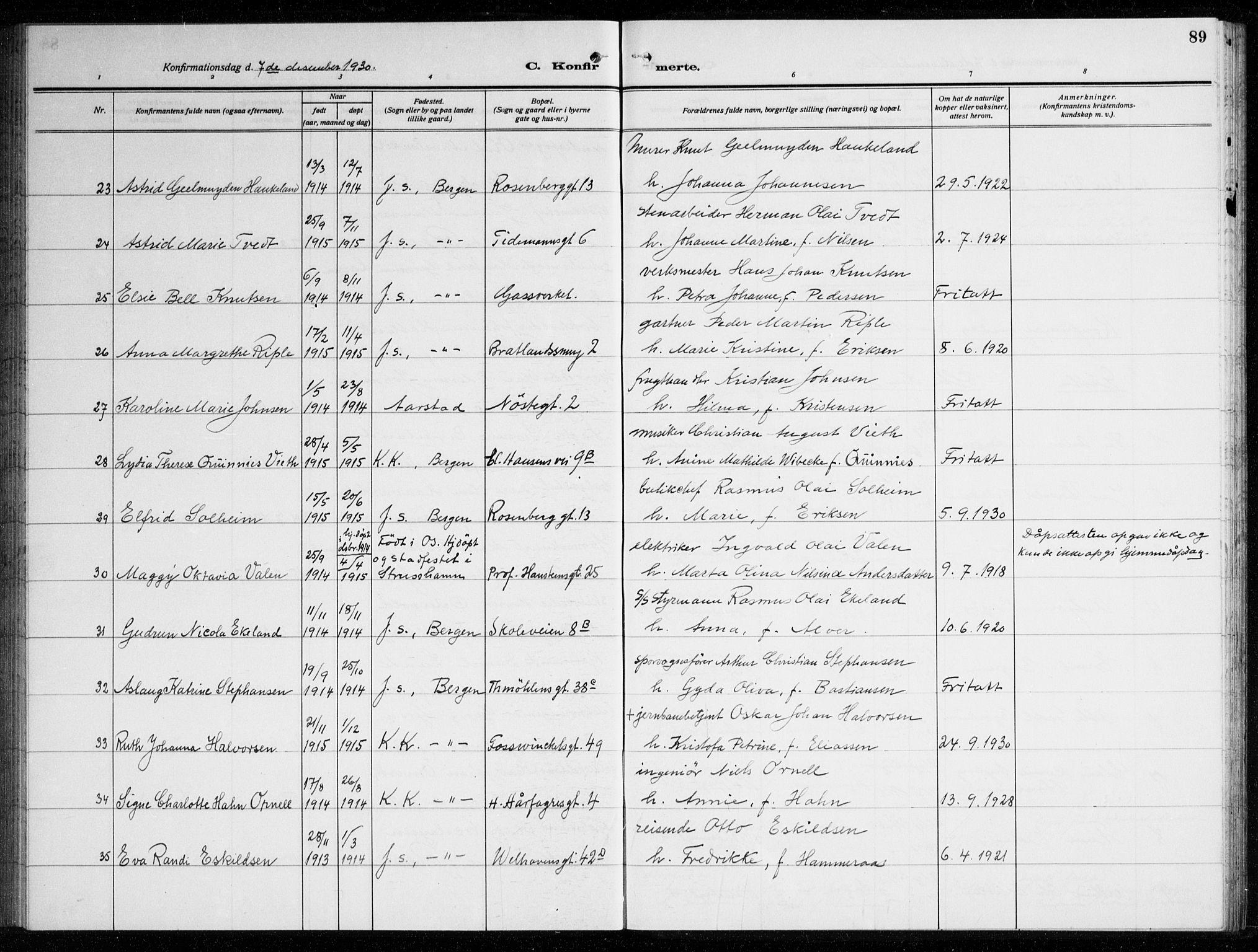 Johanneskirken sokneprestembete, AV/SAB-A-76001/H/Haa/L0010: Parish register (official) no. C 3, 1925-1935, p. 89