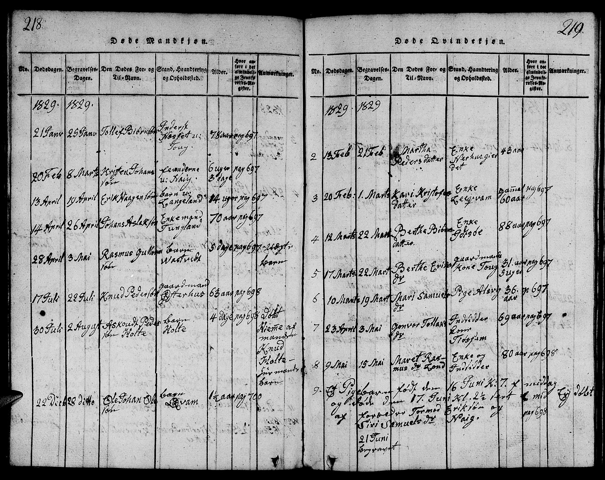 Strand sokneprestkontor, AV/SAST-A-101828/H/Ha/Hab/L0001: Parish register (copy) no. B 1, 1816-1854, p. 218-219