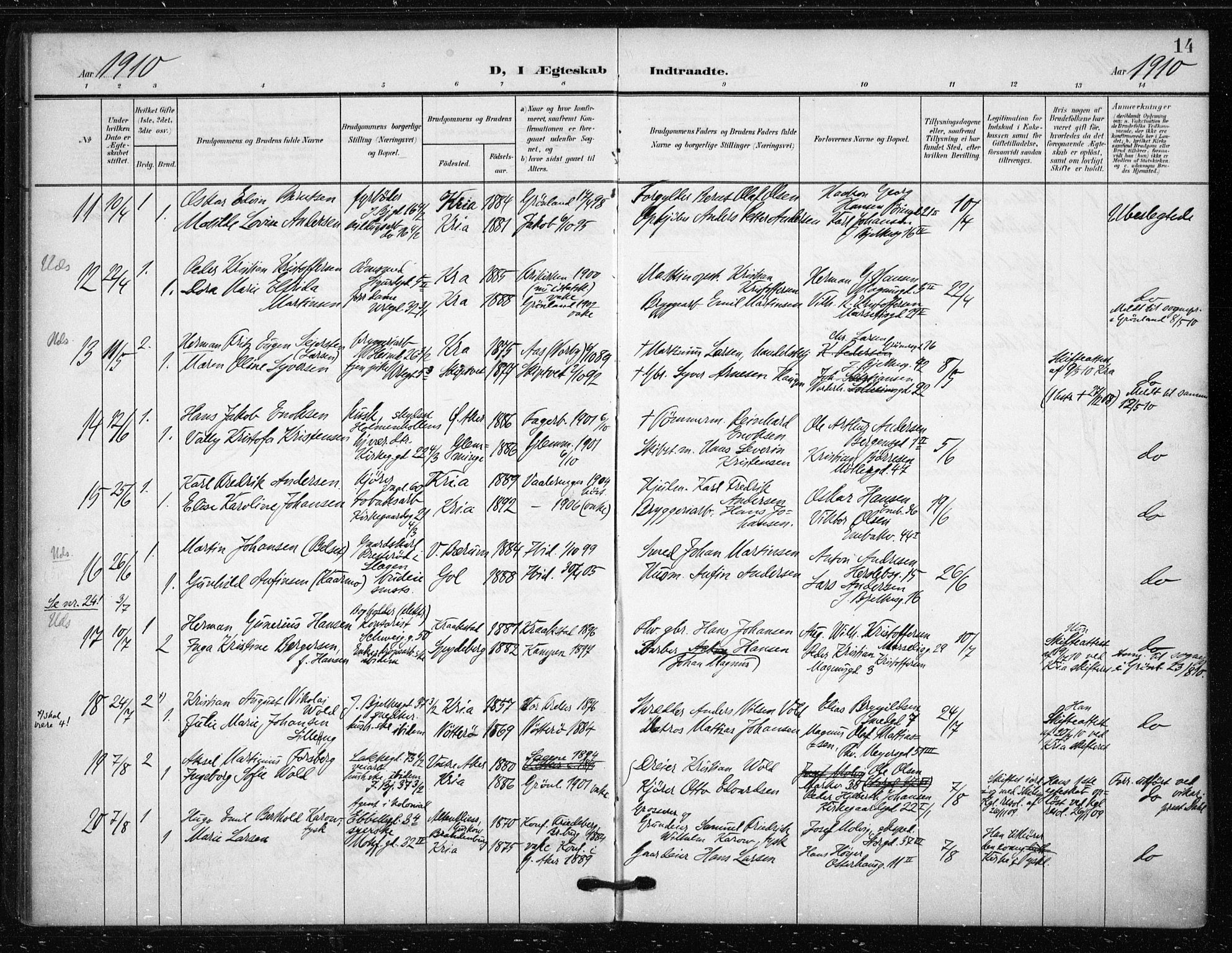 Tøyen prestekontor Kirkebøker, SAO/A-10167a/F/Fa/L0002: Parish register (official) no. 2, 1907-1916, p. 14