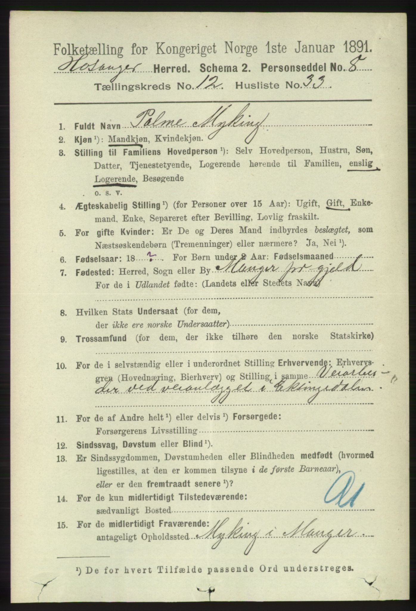 RA, 1891 census for 1253 Hosanger, 1891, p. 4270