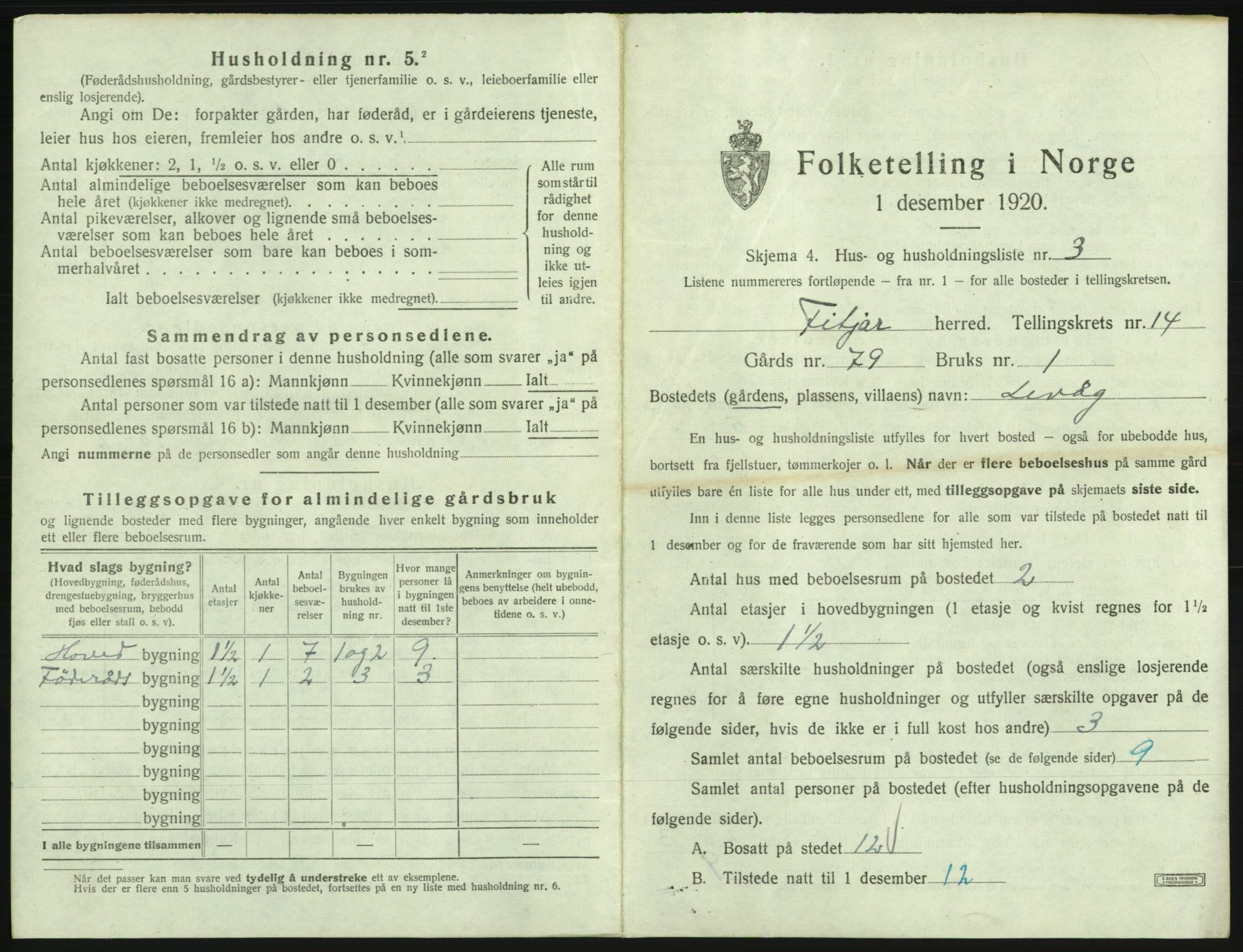 SAB, 1920 census for Fitjar, 1920, p. 835