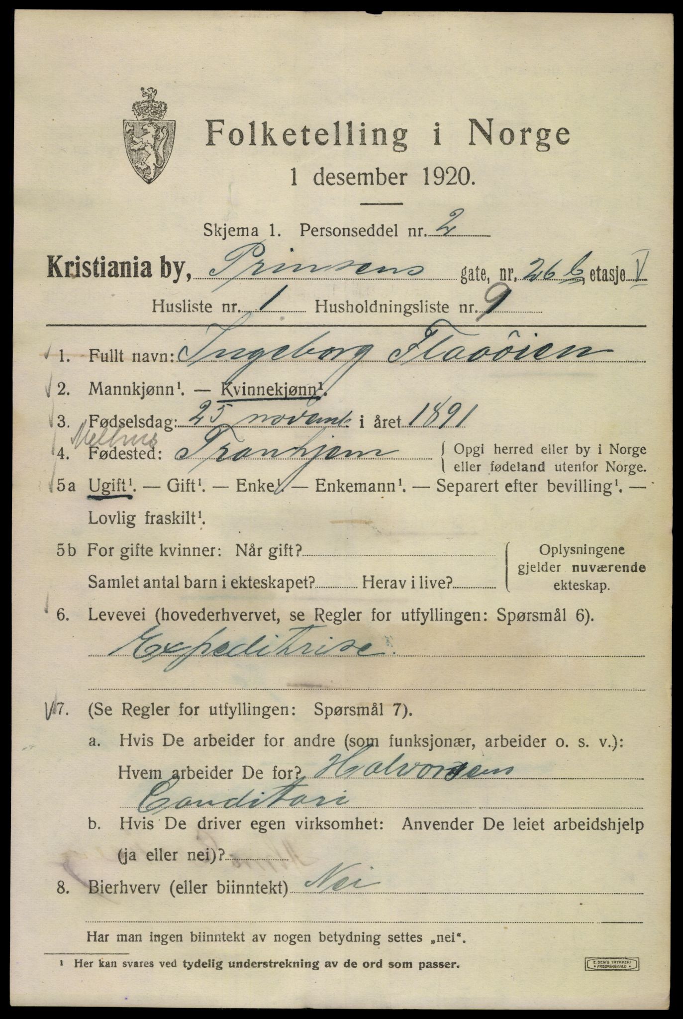 SAO, 1920 census for Kristiania, 1920, p. 458713