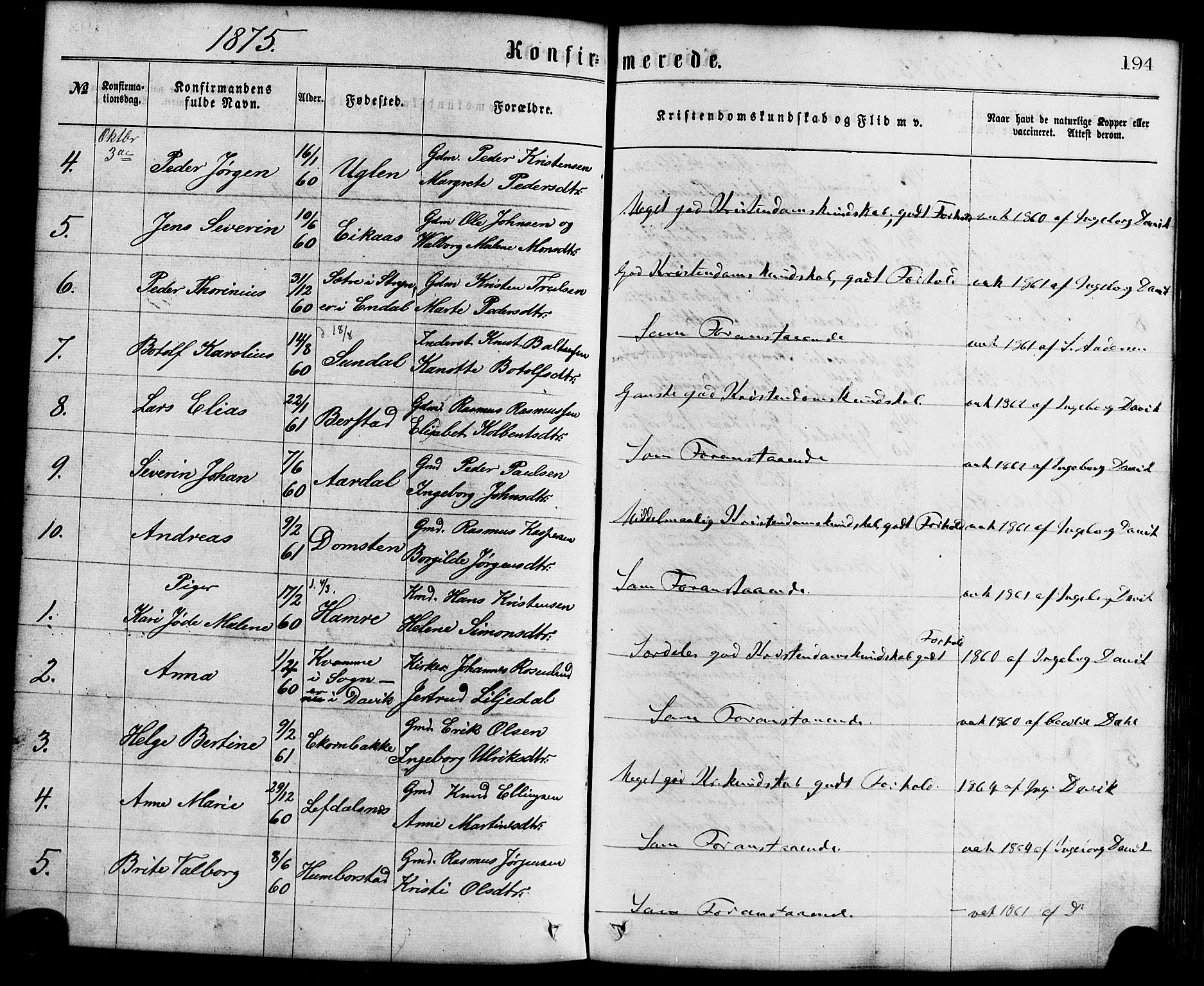Davik sokneprestembete, SAB/A-79701/H/Haa/Haaa/L0006: Parish register (official) no. A 6, 1867-1881, p. 194