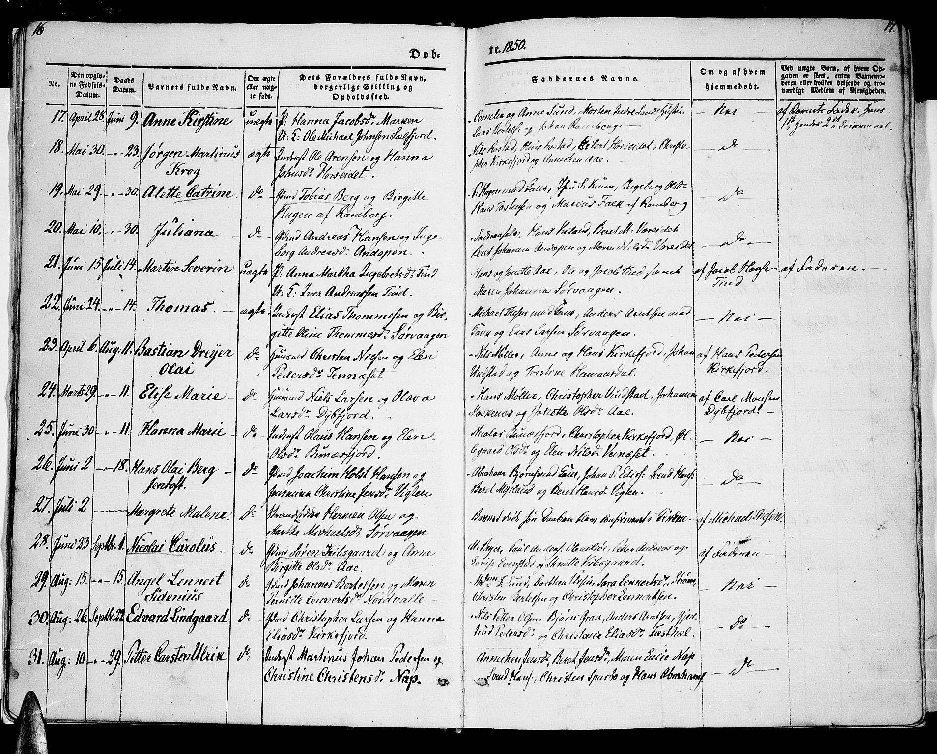 Ministerialprotokoller, klokkerbøker og fødselsregistre - Nordland, AV/SAT-A-1459/885/L1212: Parish register (copy) no. 885C01, 1847-1873, p. 16-17