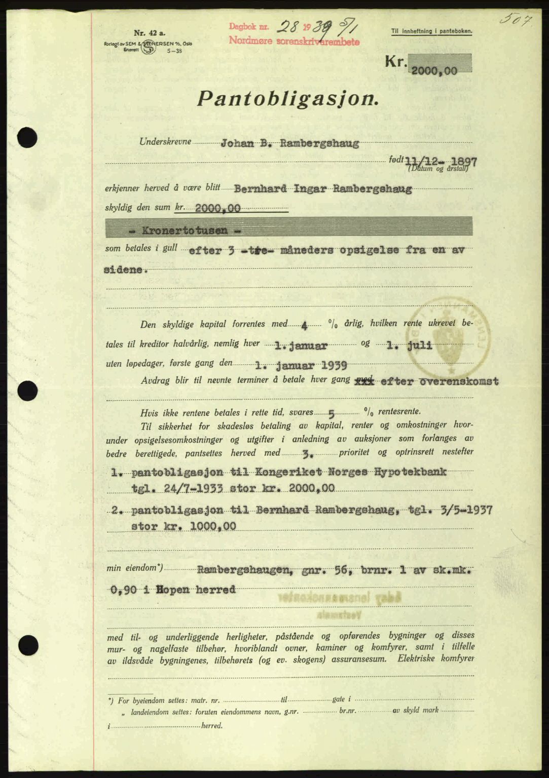 Nordmøre sorenskriveri, SAT/A-4132/1/2/2Ca: Mortgage book no. B84, 1938-1939, Diary no: : 28/1939