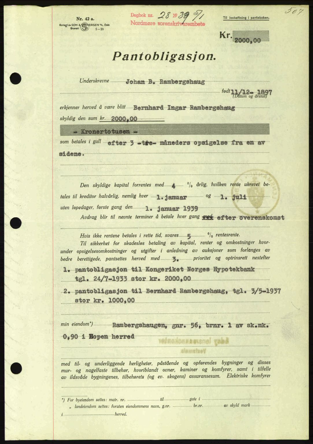 Nordmøre sorenskriveri, AV/SAT-A-4132/1/2/2Ca: Mortgage book no. B84, 1938-1939, Diary no: : 28/1939