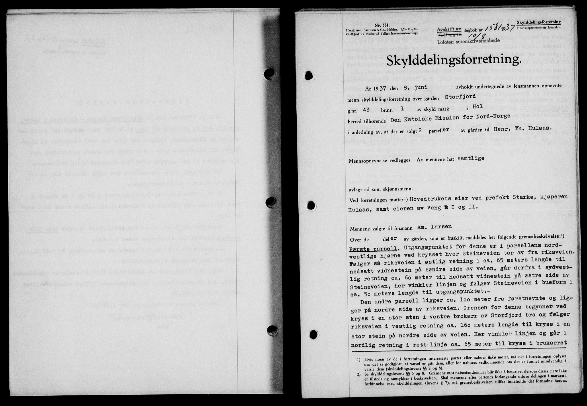 Lofoten sorenskriveri, SAT/A-0017/1/2/2C/L0002a: Mortgage book no. 2a, 1937-1937, Diary no: : 1581/1937