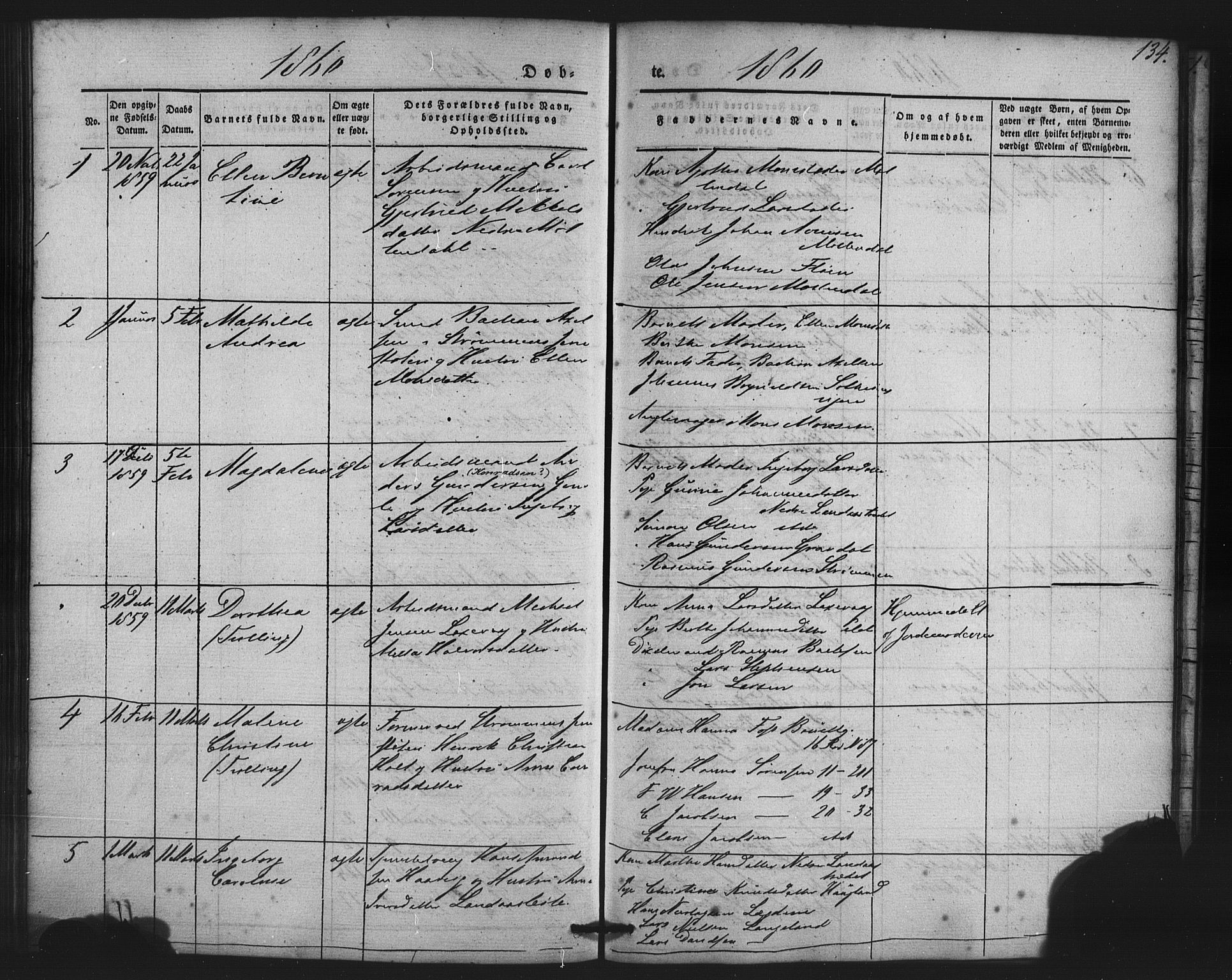 St. Jørgens hospital og Årstad sokneprestembete, AV/SAB-A-99934: Parish register (copy) no. A 2, 1843-1863, p. 134