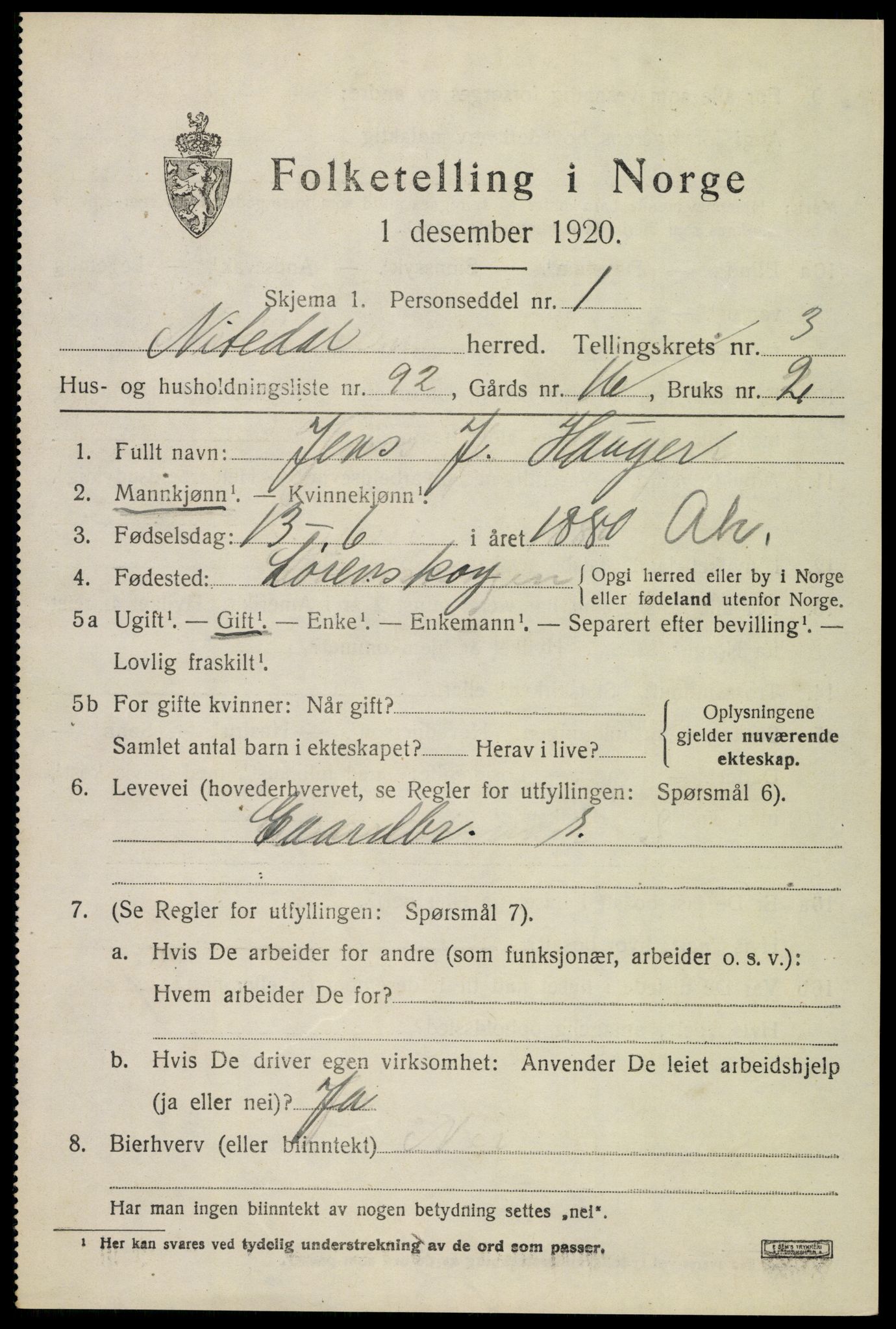 SAO, 1920 census for Nittedal, 1920, p. 4668