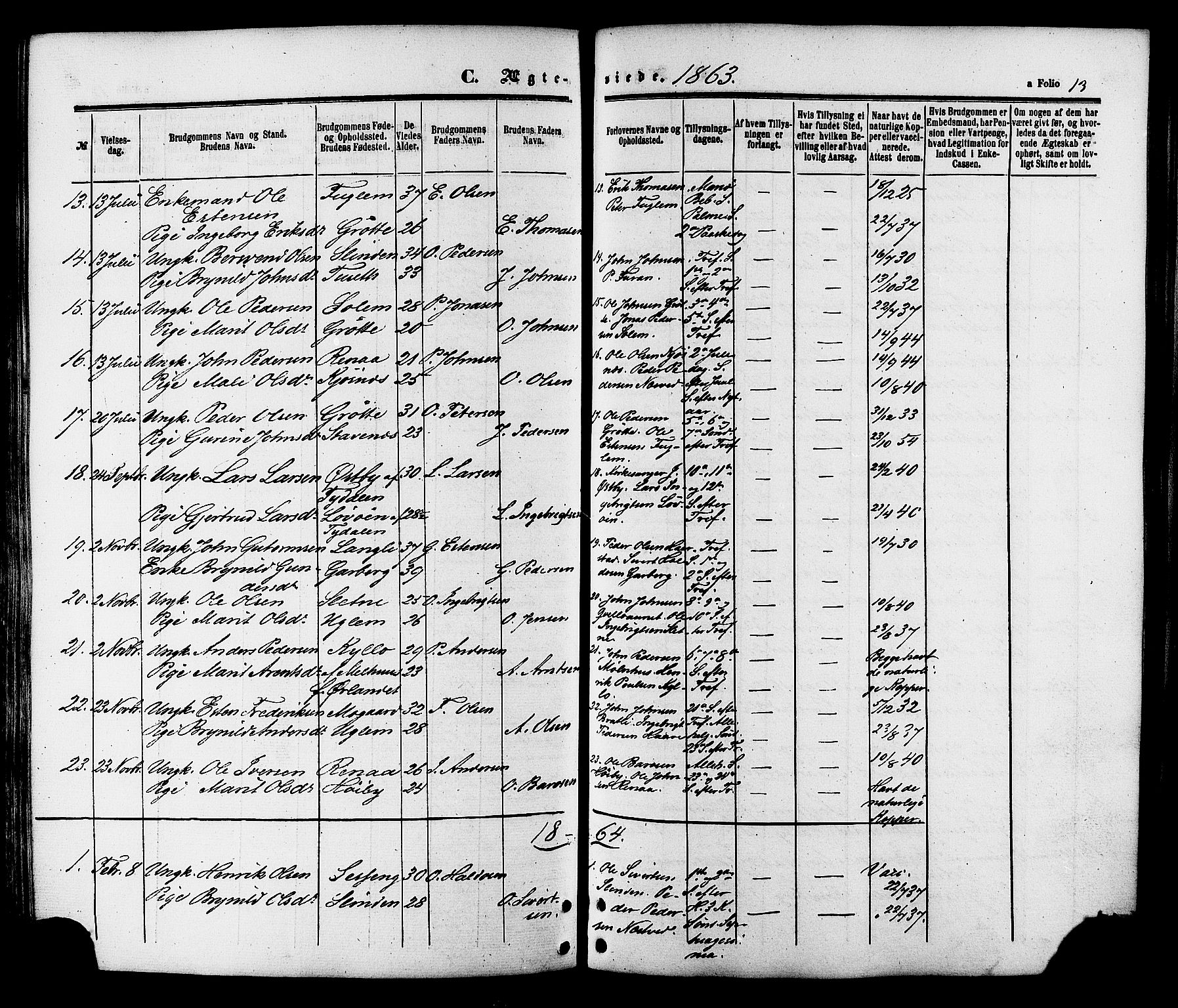 Ministerialprotokoller, klokkerbøker og fødselsregistre - Sør-Trøndelag, AV/SAT-A-1456/695/L1147: Parish register (official) no. 695A07, 1860-1877, p. 13