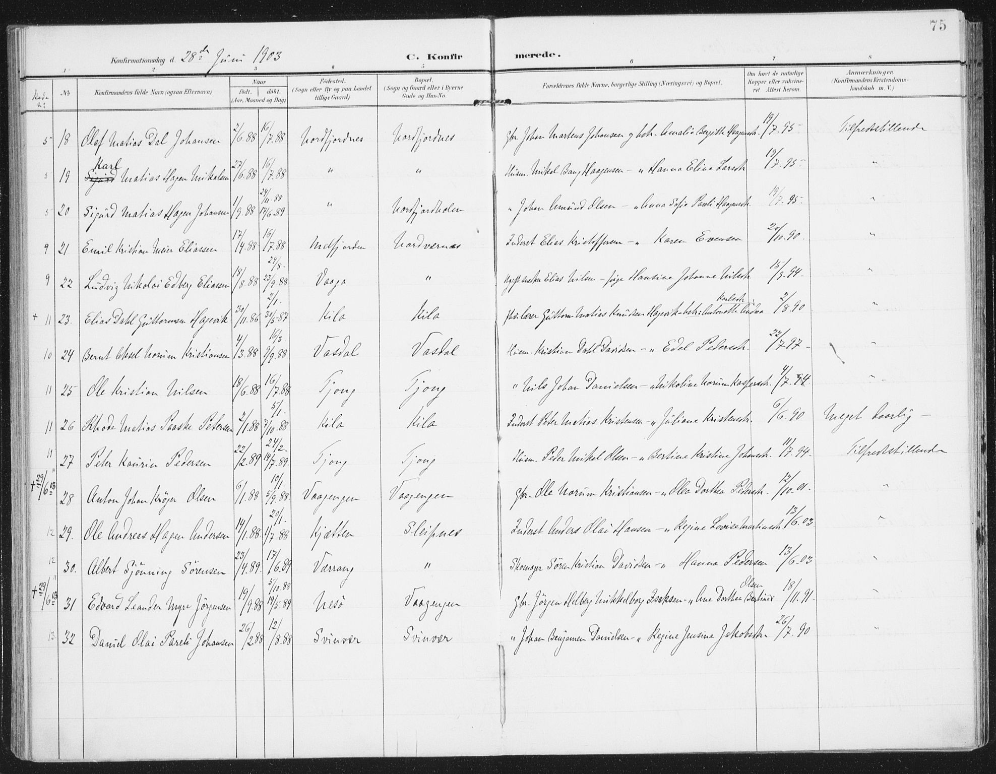 Ministerialprotokoller, klokkerbøker og fødselsregistre - Nordland, AV/SAT-A-1459/841/L0612: Parish register (official) no. 841A15, 1902-1910, p. 75