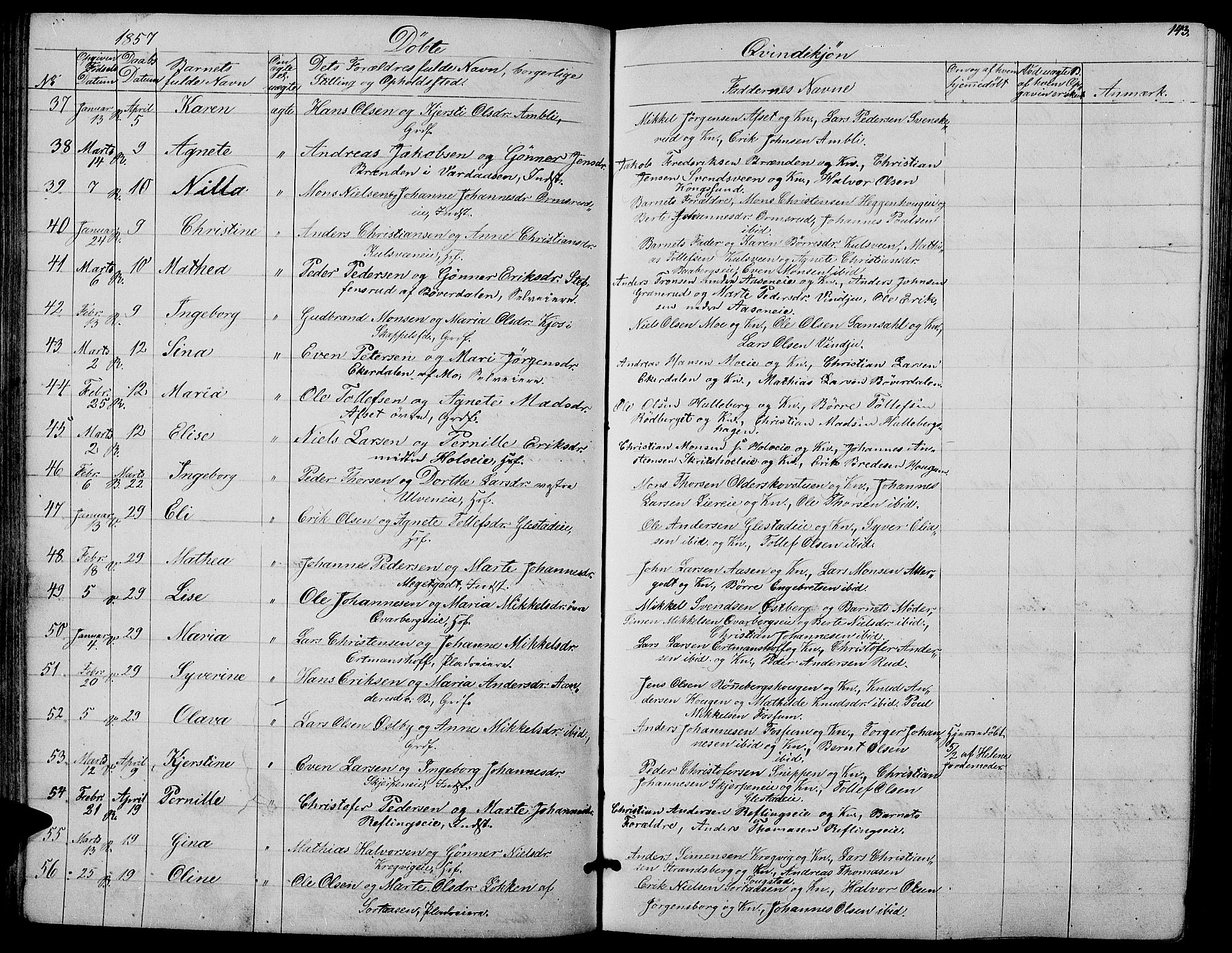 Ringsaker prestekontor, AV/SAH-PREST-014/L/La/L0006: Parish register (copy) no. 6, 1851-1860, p. 143