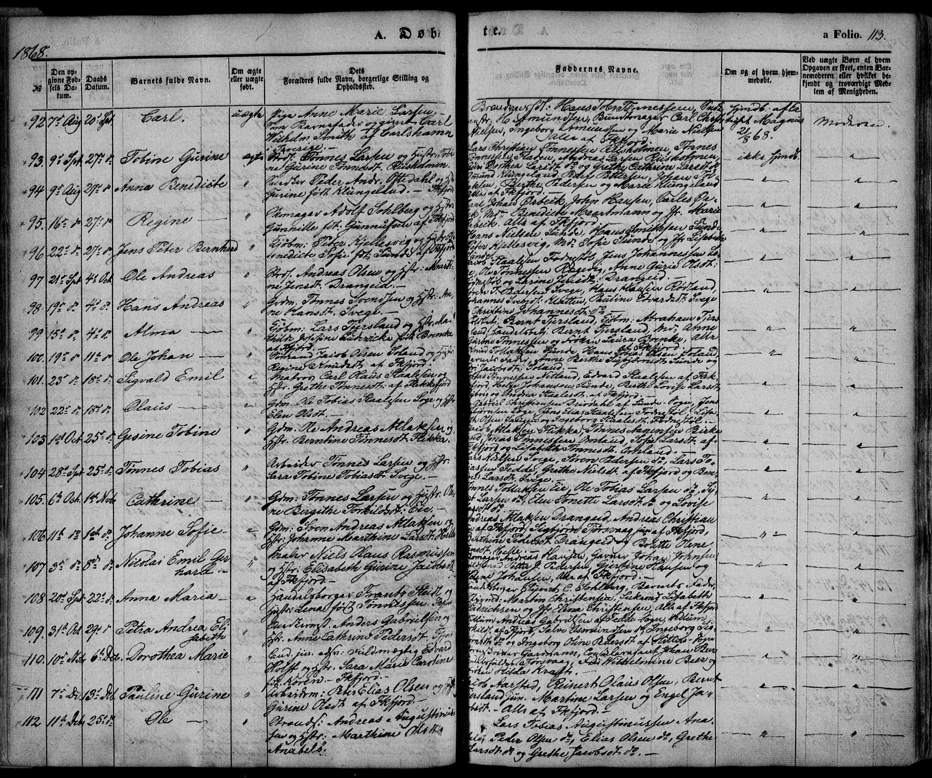 Flekkefjord sokneprestkontor, AV/SAK-1111-0012/F/Fa/Fac/L0005: Parish register (official) no. A 5, 1849-1875, p. 113