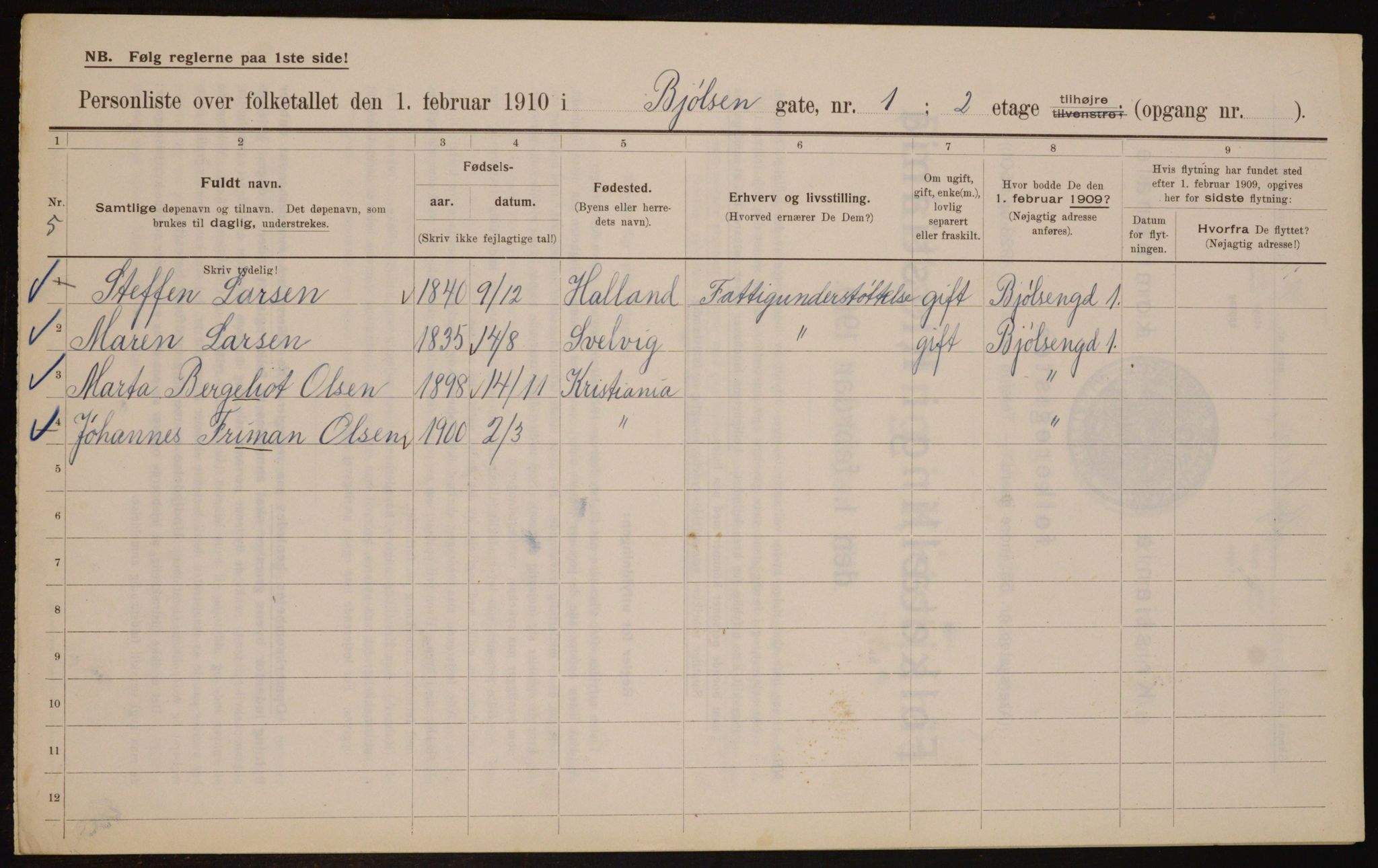 OBA, Municipal Census 1910 for Kristiania, 1910, p. 6233