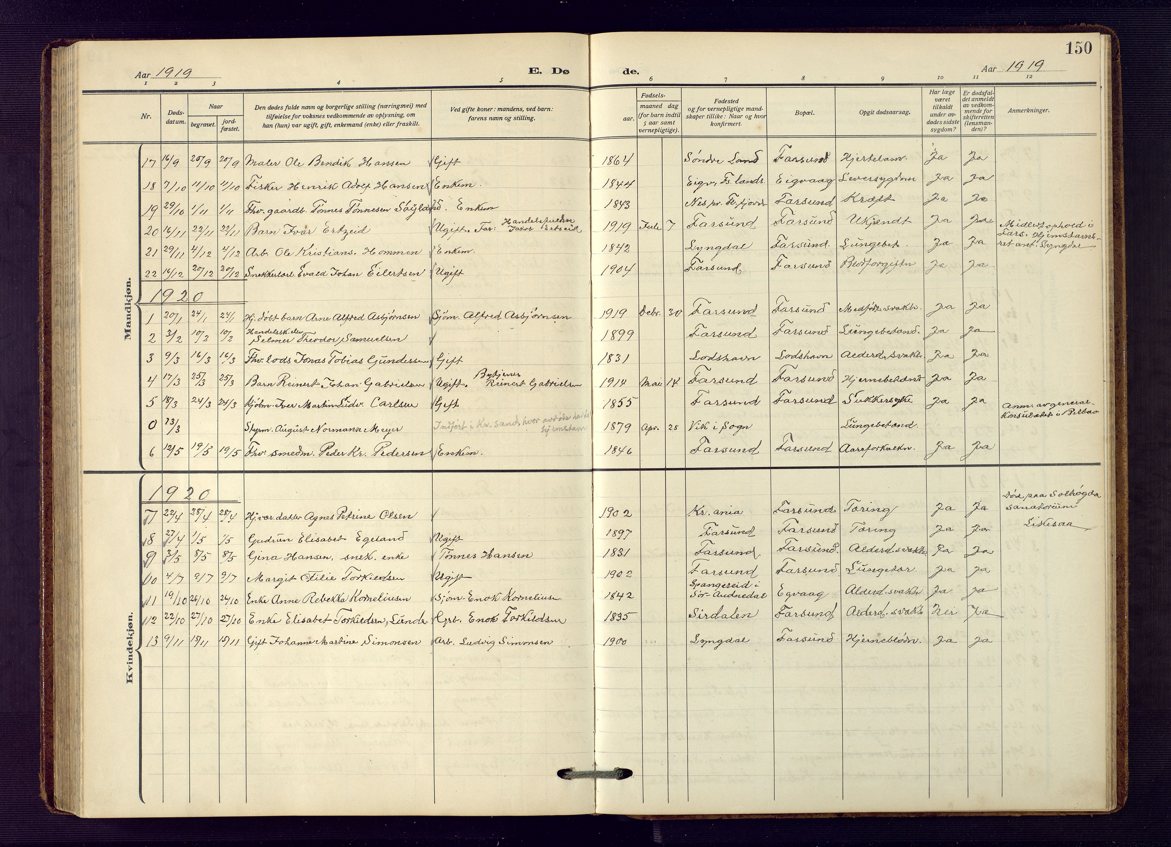 Farsund sokneprestkontor, SAK/1111-0009/F/Fb/L0002: Parish register (copy) no. B 2, 1914-1958, p. 150