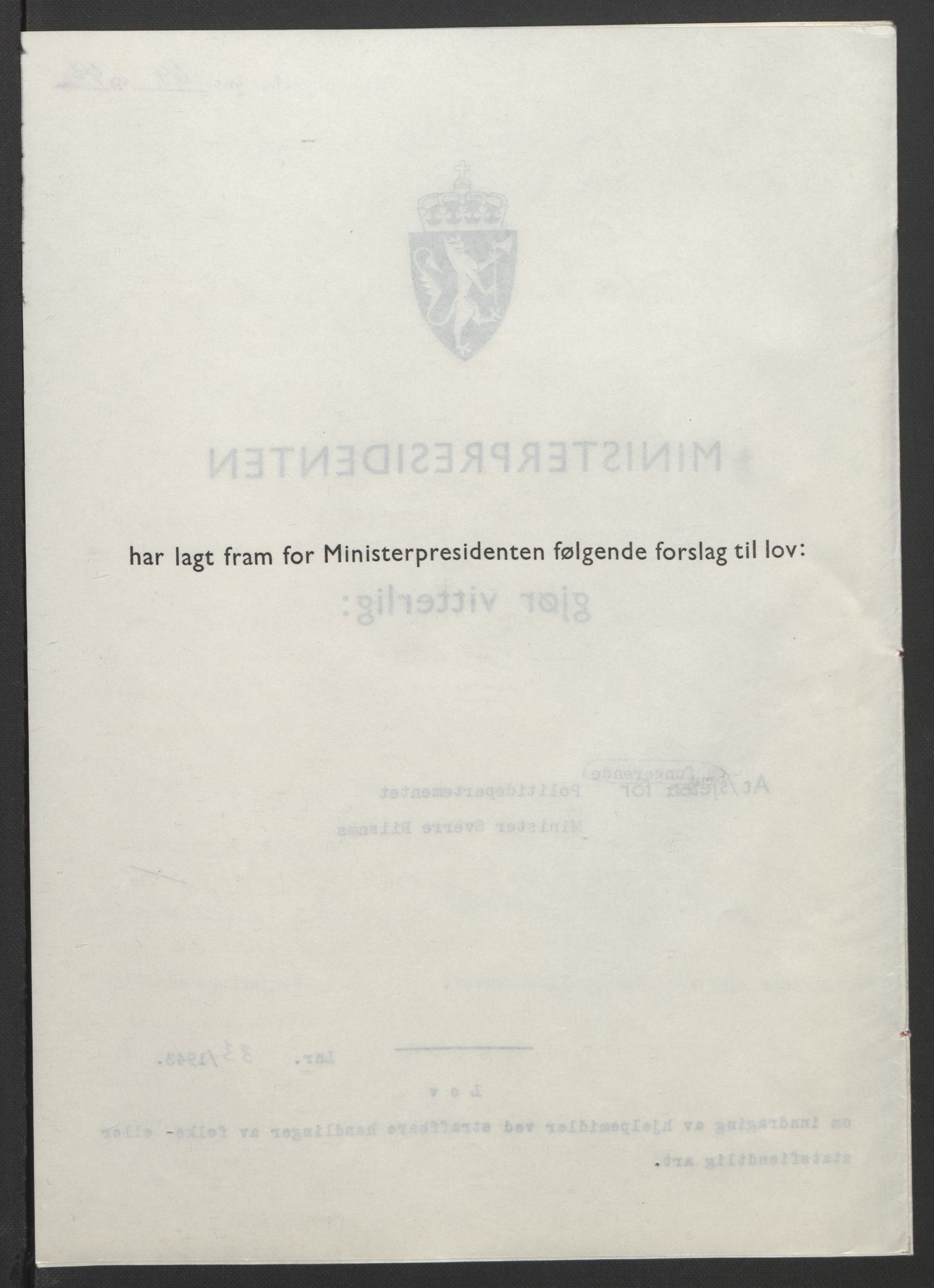 NS-administrasjonen 1940-1945 (Statsrådsekretariatet, de kommisariske statsråder mm), RA/S-4279/D/Db/L0099: Lover, 1943, p. 137