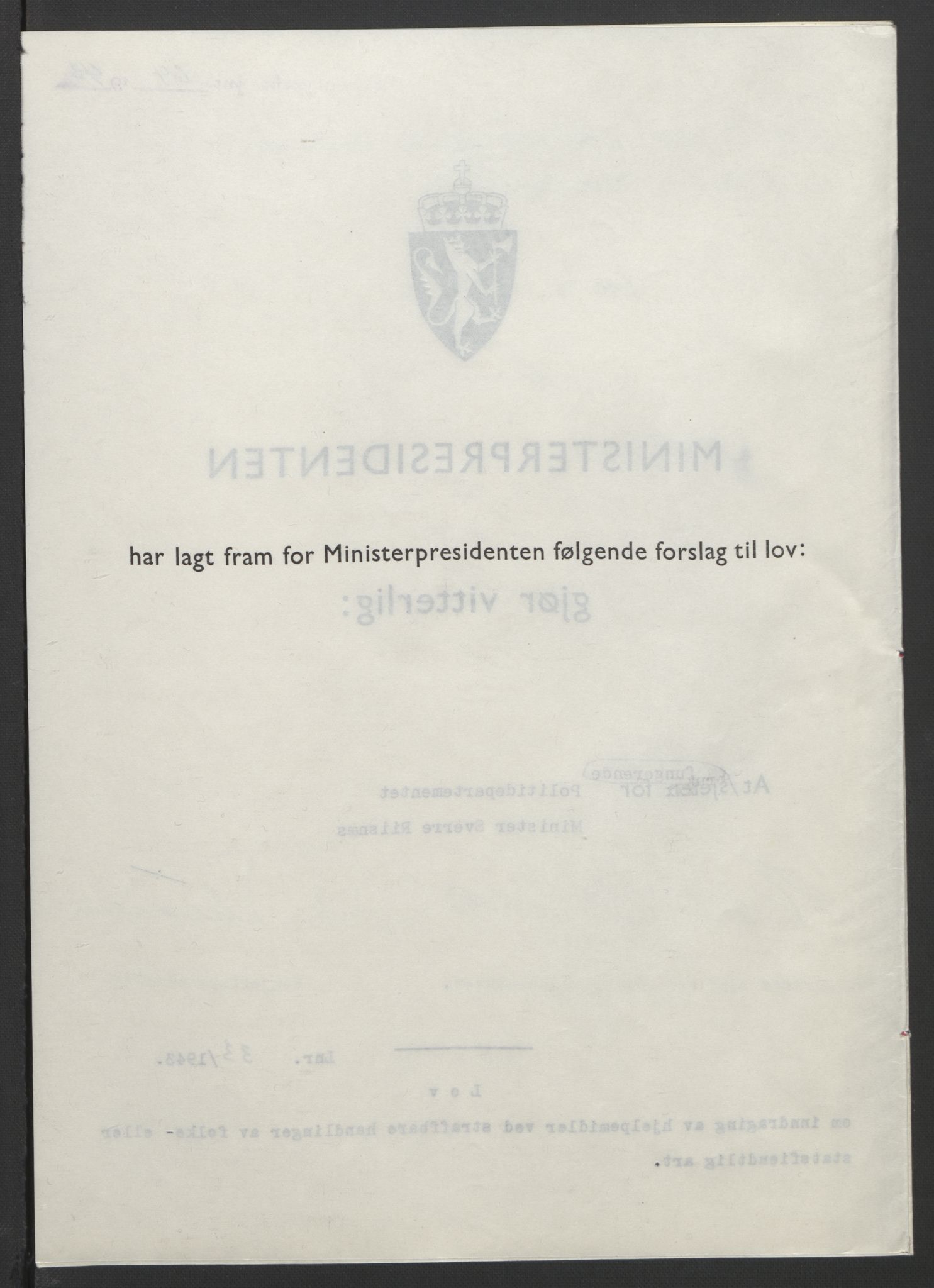 NS-administrasjonen 1940-1945 (Statsrådsekretariatet, de kommisariske statsråder mm), AV/RA-S-4279/D/Db/L0099: Lover, 1943, p. 137