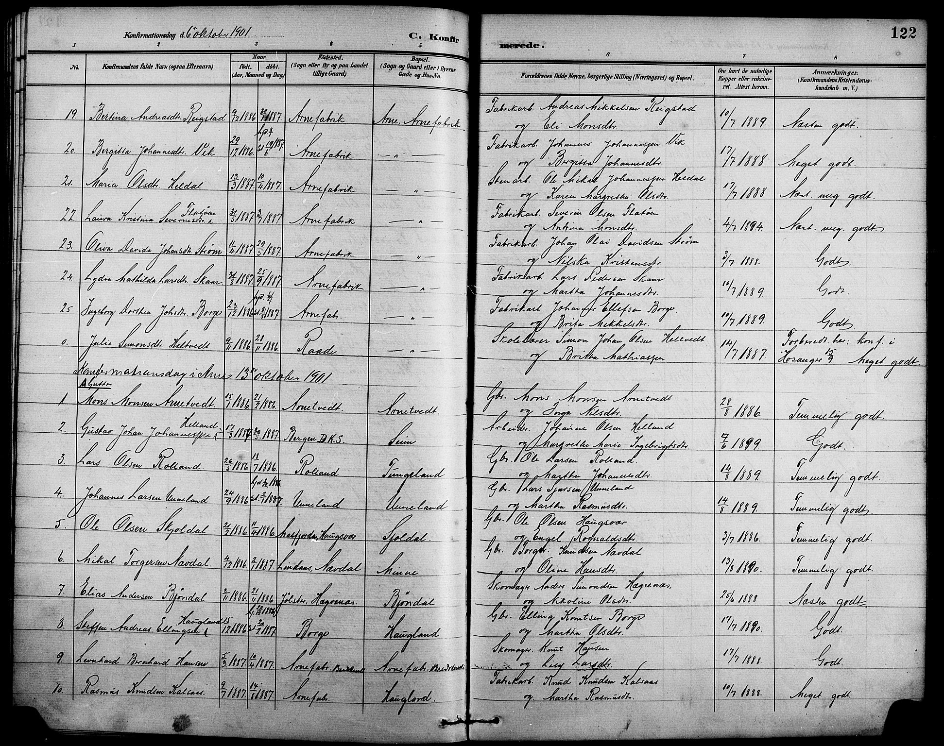 Arna Sokneprestembete, SAB/A-74001/H/Ha/Hab: Parish register (copy) no. A 4, 1898-1910, p. 122