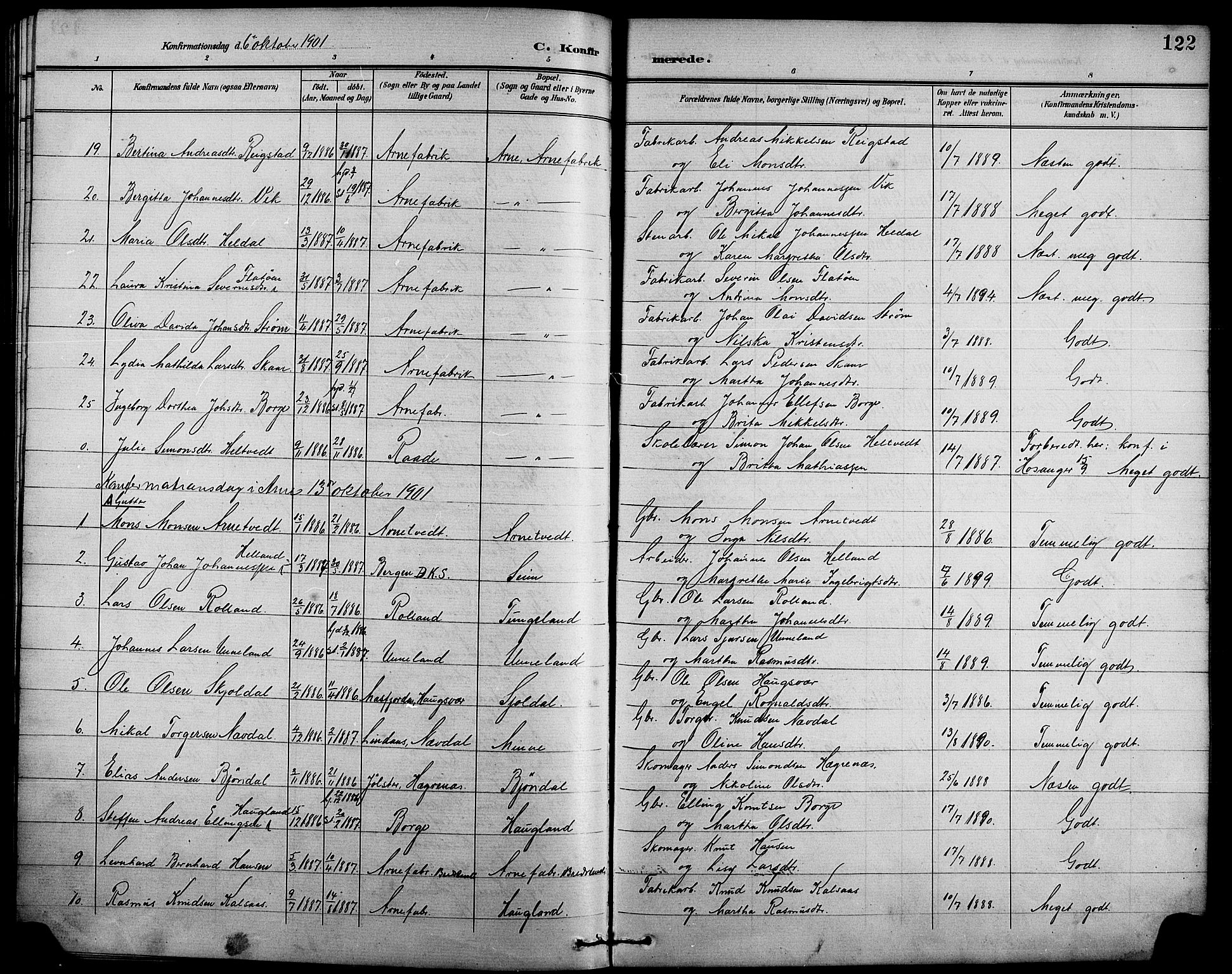 Arna sokneprestembete, AV/SAB-A-74001/H/Ha/Hab: Parish register (copy) no. A 4, 1898-1910, p. 122