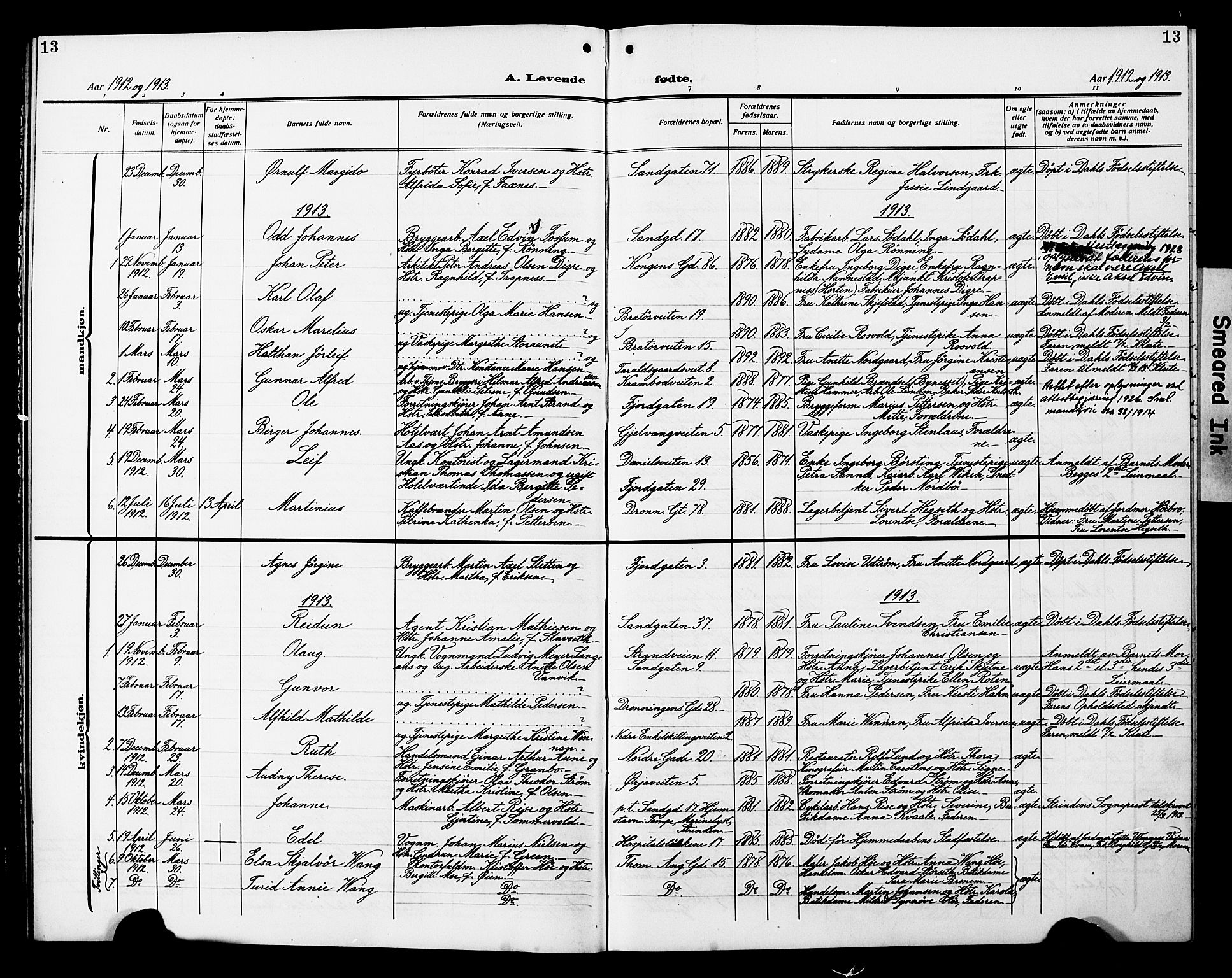 Ministerialprotokoller, klokkerbøker og fødselsregistre - Sør-Trøndelag, SAT/A-1456/602/L0147: Parish register (copy) no. 602C15, 1911-1924, p. 13