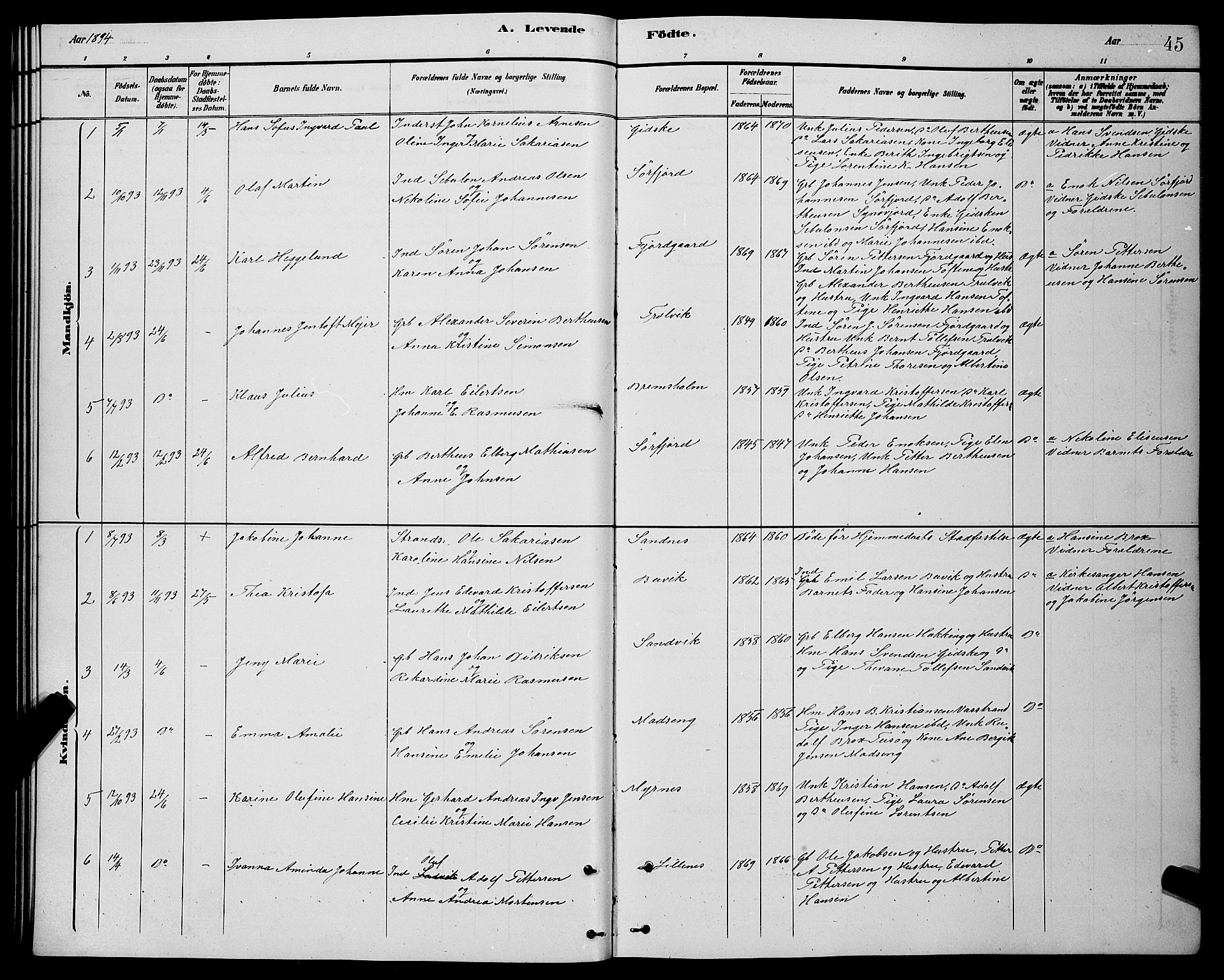 Lenvik sokneprestembete, AV/SATØ-S-1310/H/Ha/Hab/L0021klokker: Parish register (copy) no. 21, 1884-1900, p. 45