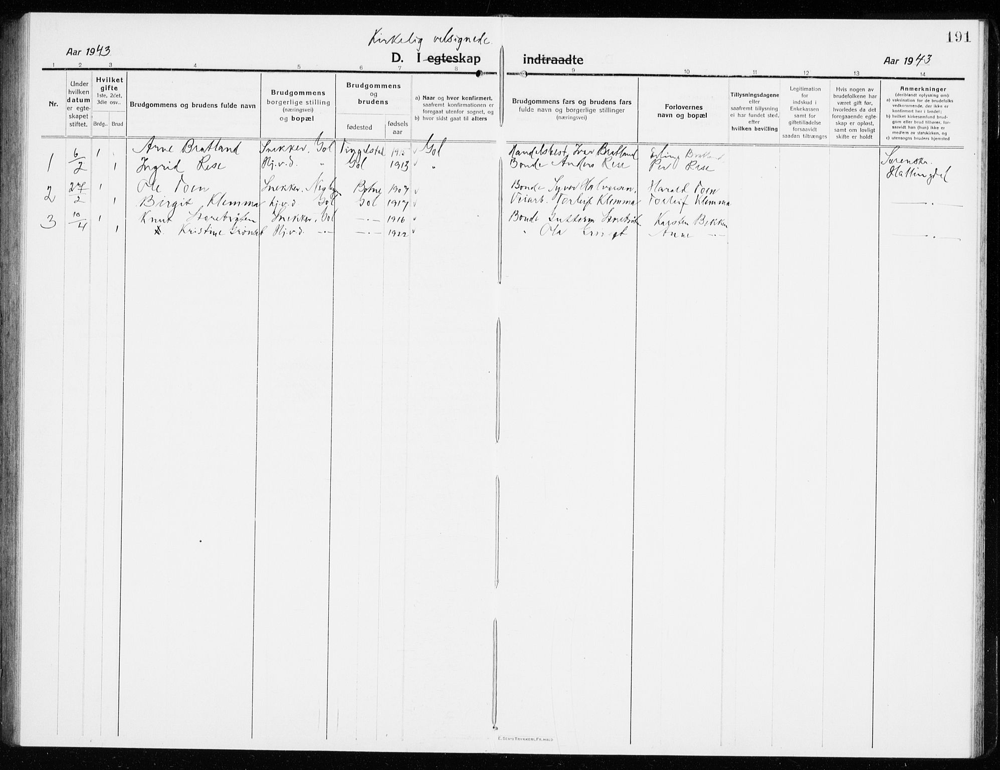 Gol kirkebøker, AV/SAKO-A-226/G/Ga/L0004: Parish register (copy) no. I 4, 1915-1943, p. 191