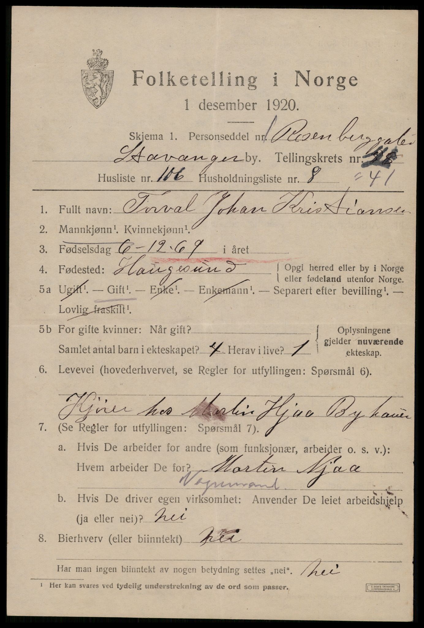 SAST, 1920 census for Stavanger, 1920, p. 105130