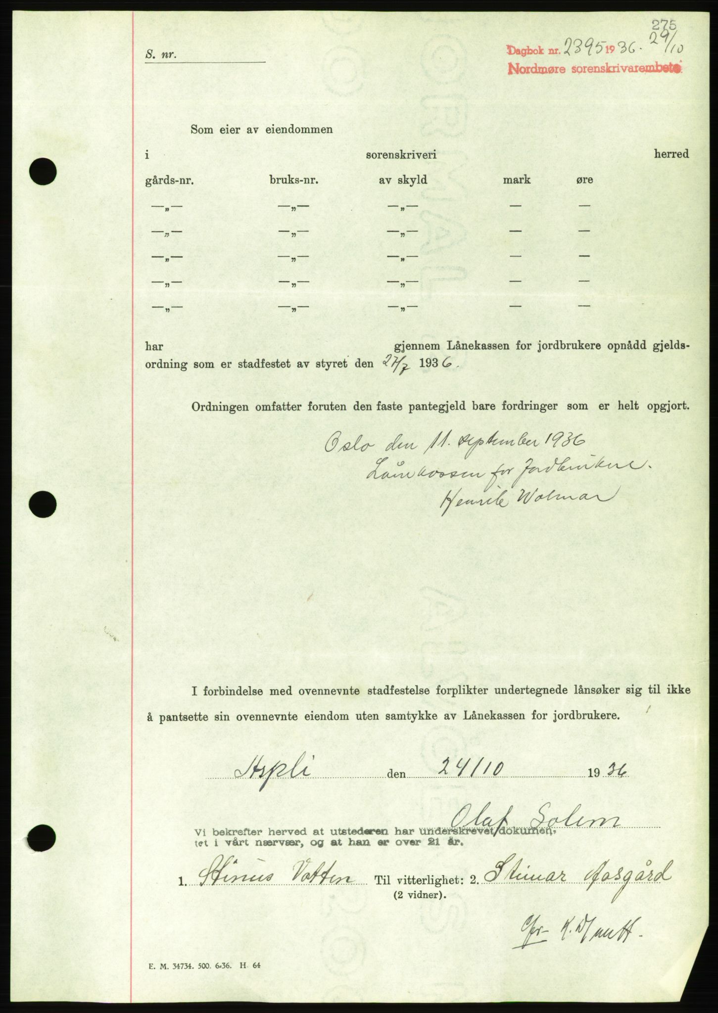 Nordmøre sorenskriveri, AV/SAT-A-4132/1/2/2Ca/L0090: Mortgage book no. B80, 1936-1937, Diary no: : 2395/1936