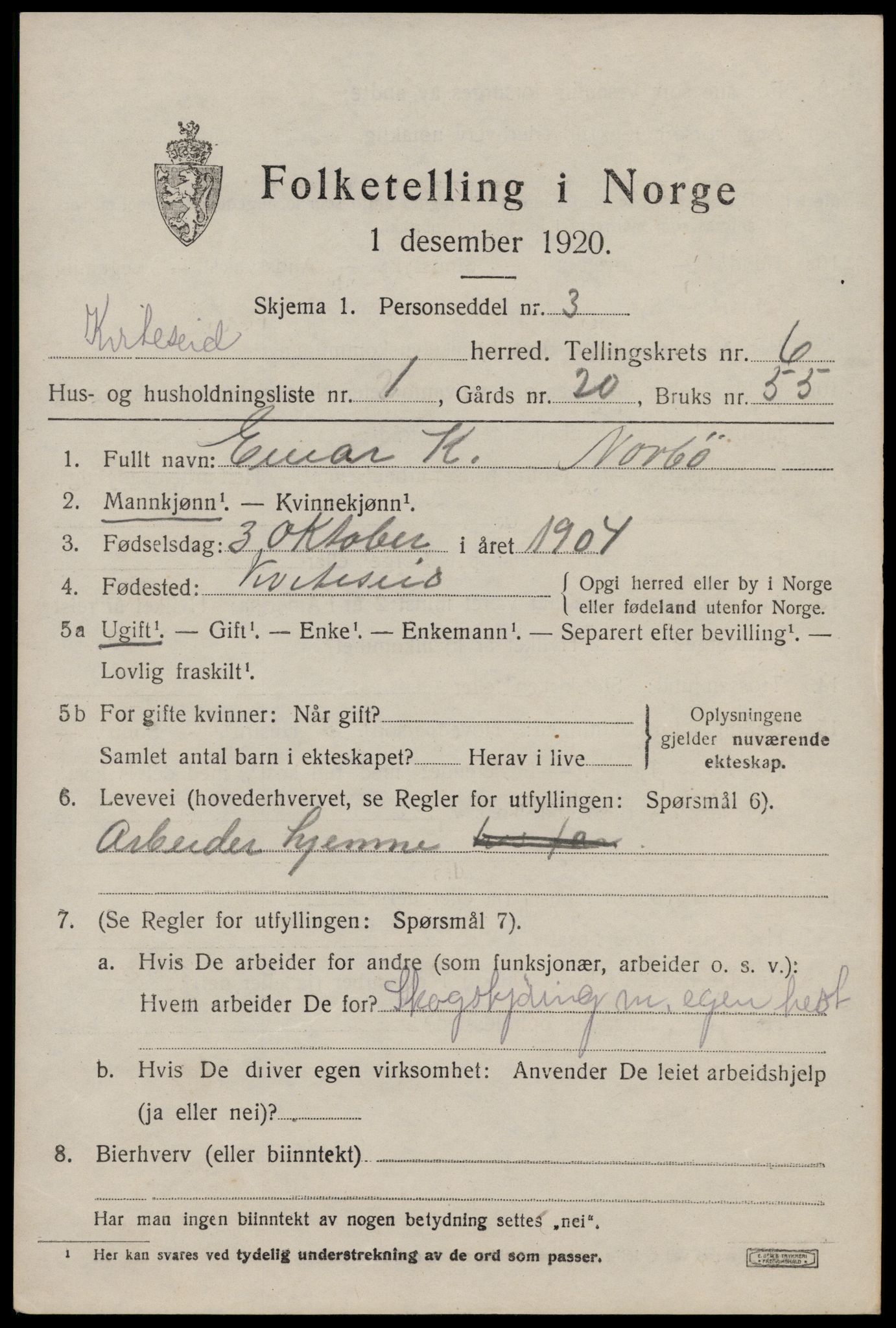 SAKO, 1920 census for Kviteseid, 1920, p. 3023