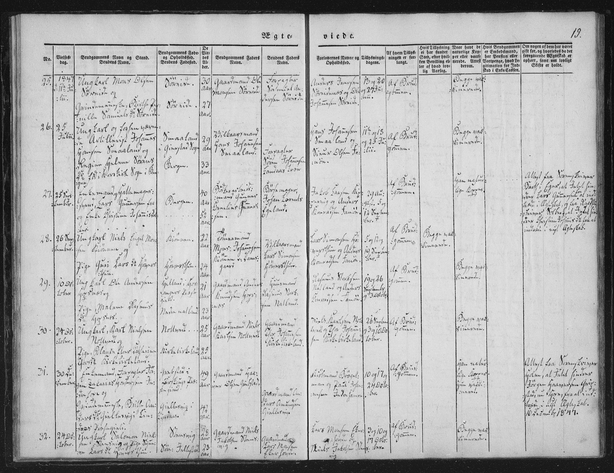 Fana Sokneprestembete, SAB/A-75101/H/Haa/Haaa/L0010: Parish register (official) no. A 10, 1841-1851, p. 19
