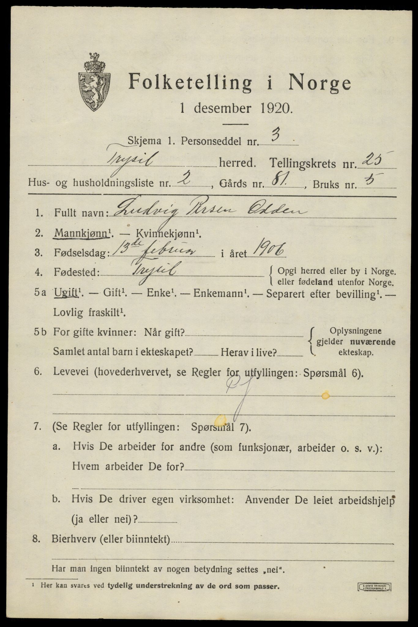 SAH, 1920 census for Trysil, 1920, p. 15701