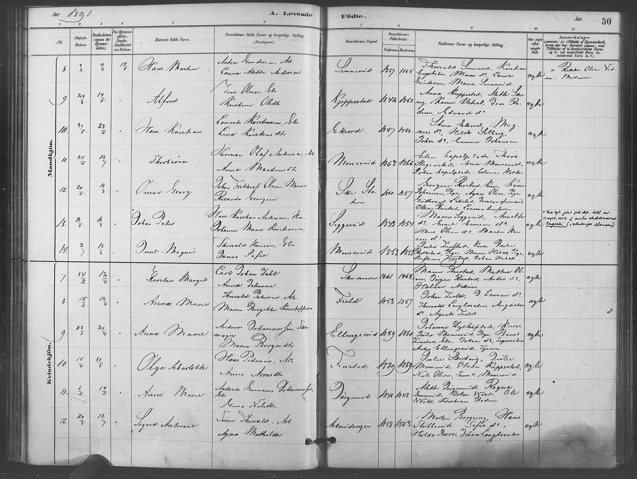 Kråkstad prestekontor Kirkebøker, AV/SAO-A-10125a/F/Fb/L0001: Parish register (official) no. II 1, 1880-1892, p. 50