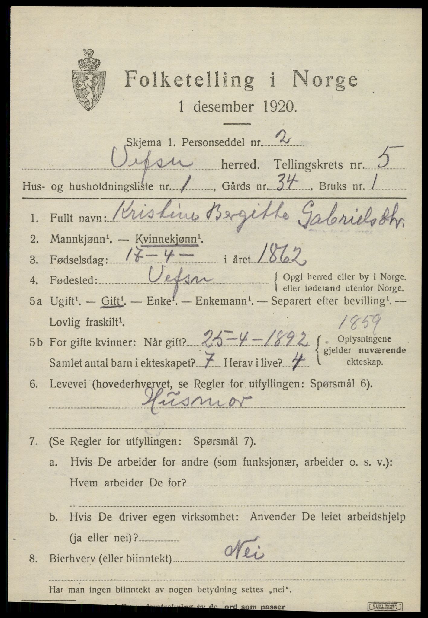 SAT, 1920 census for Vefsn, 1920, p. 3173