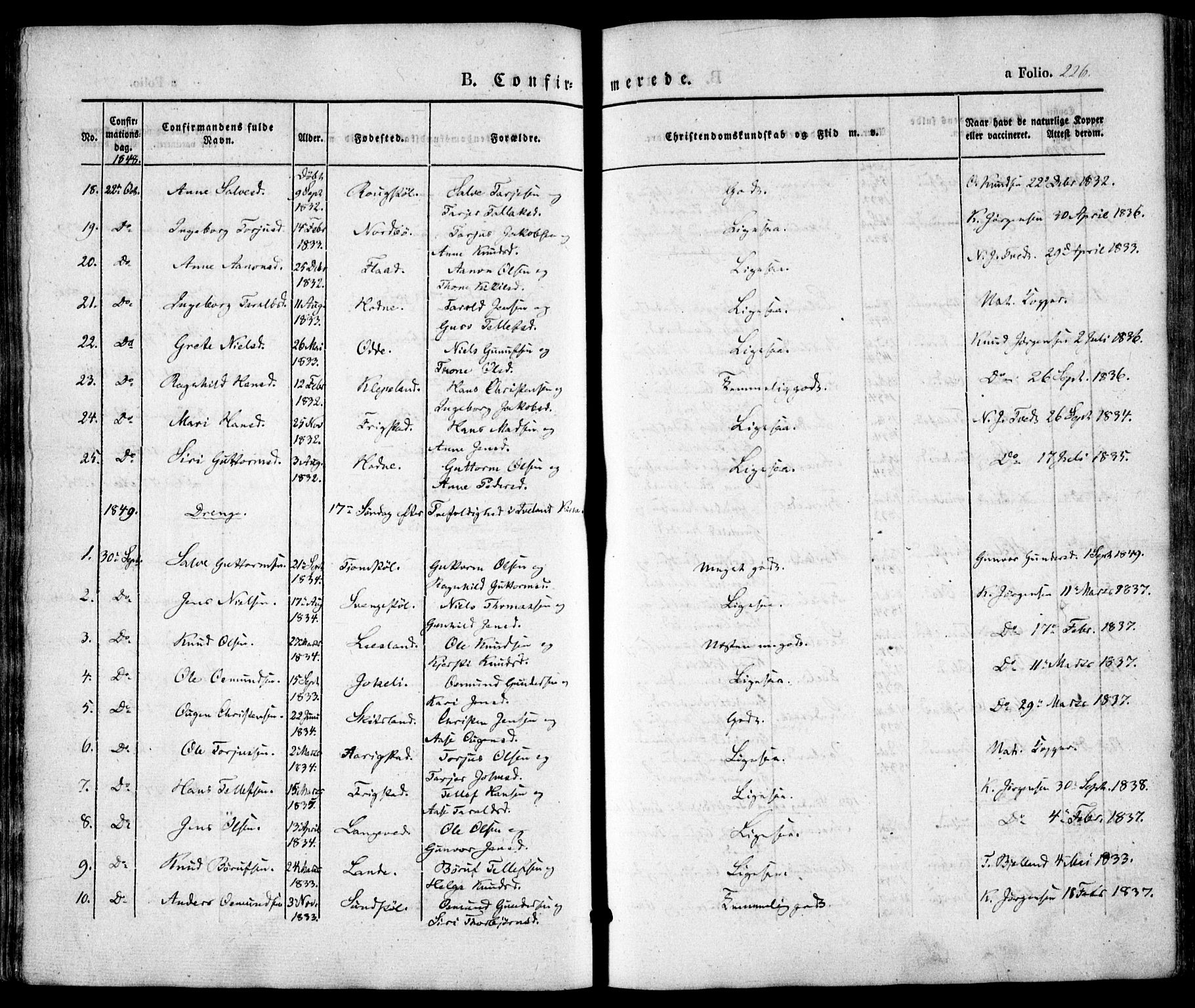 Evje sokneprestkontor, AV/SAK-1111-0008/F/Fa/Faa/L0005: Parish register (official) no. A 5, 1843-1865, p. 226