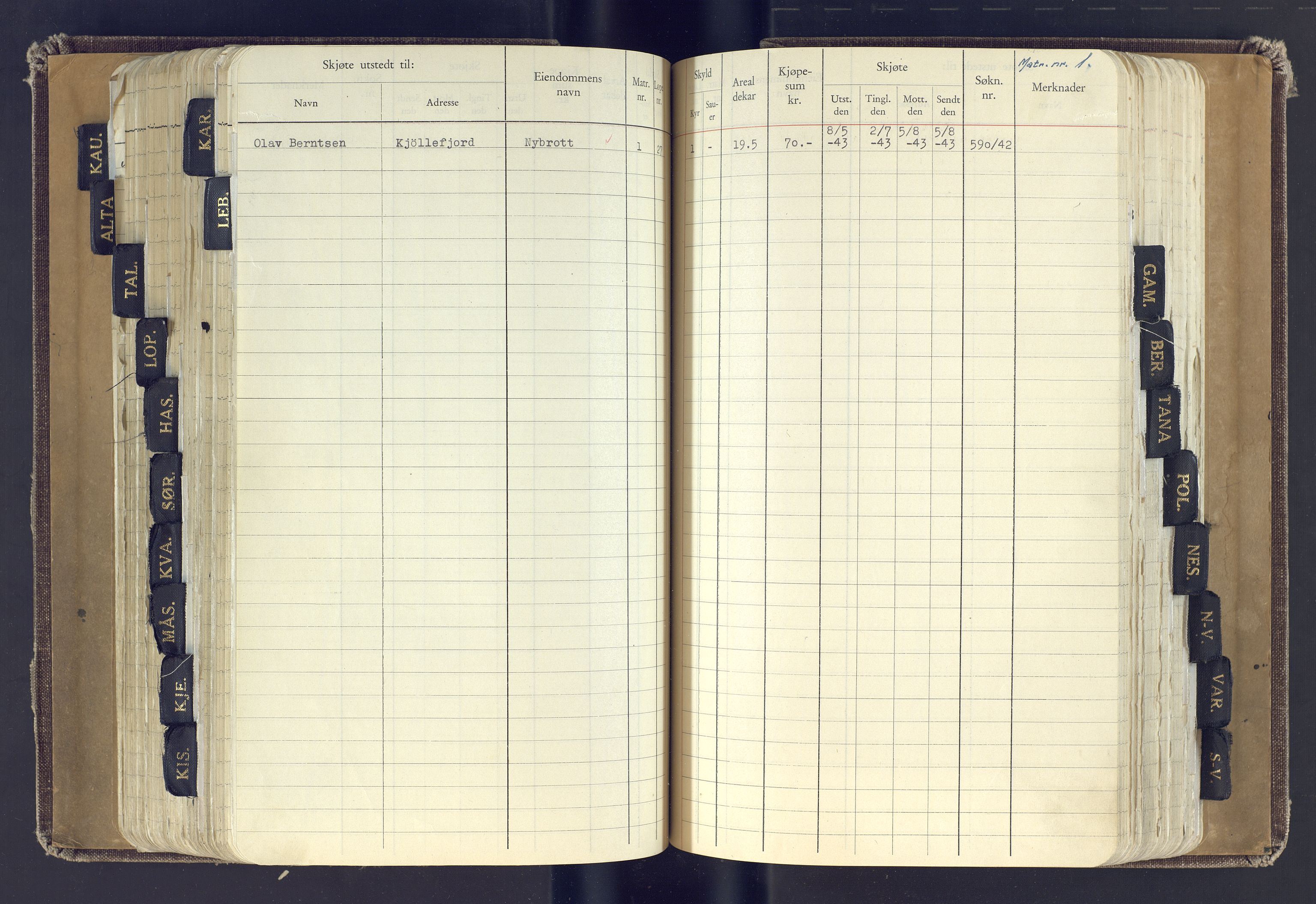 Finnmark jordsalgskommisjon/jordsalgskontor og Statskog SF Finnmark jordsalgskontor, AV/SATØ-S-1443/J/Jc/L0001: Skjøtebok, 1932-1983