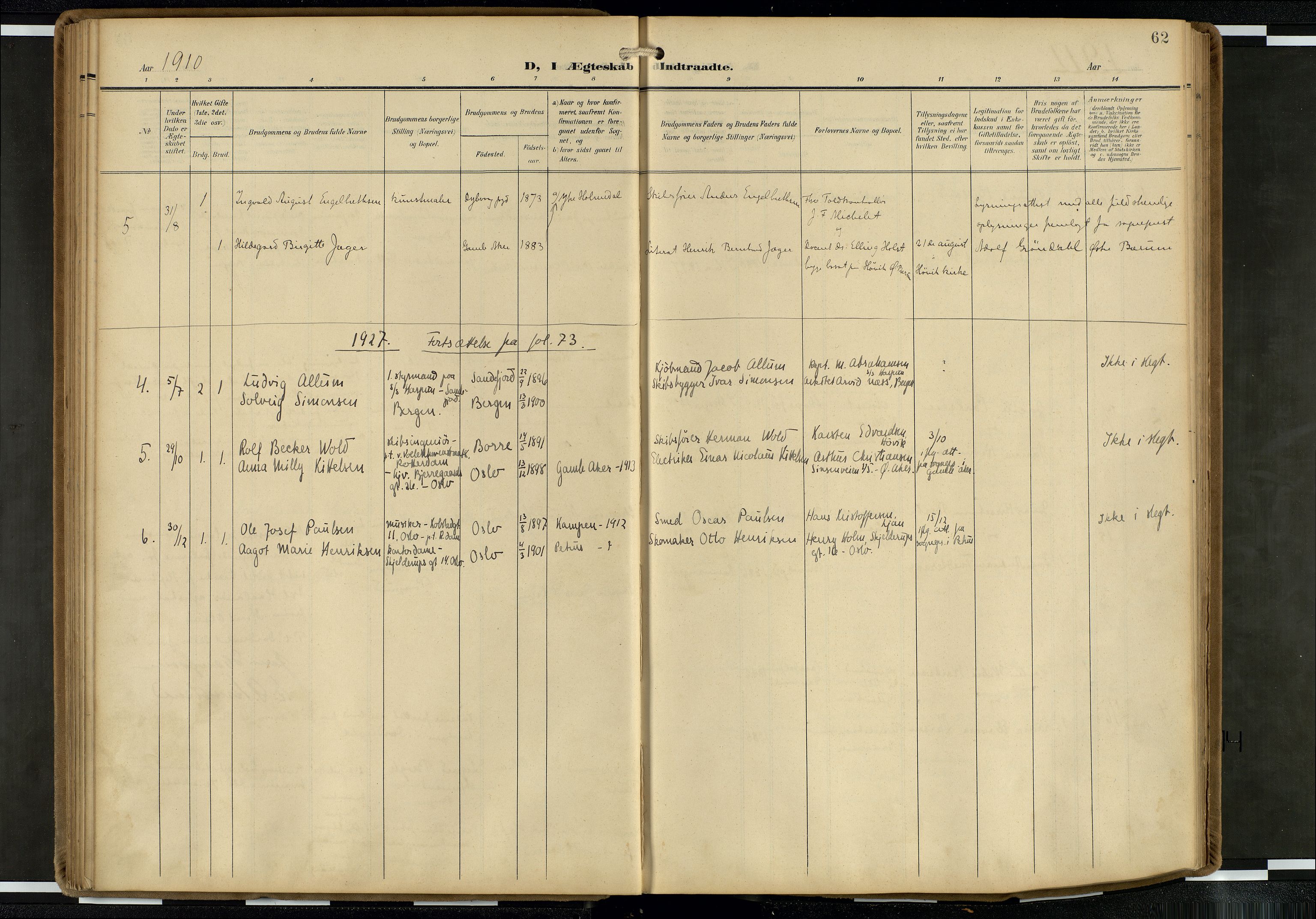 Den norske sjømannsmisjon i utlandet/Hollandske havner (Amsterdam-Rotterdam-Europort), AV/SAB-SAB/PA-0106/H/Ha/Haa/L0003: Parish register (official) no. A 3, 1908-1927, p. 61b-62a