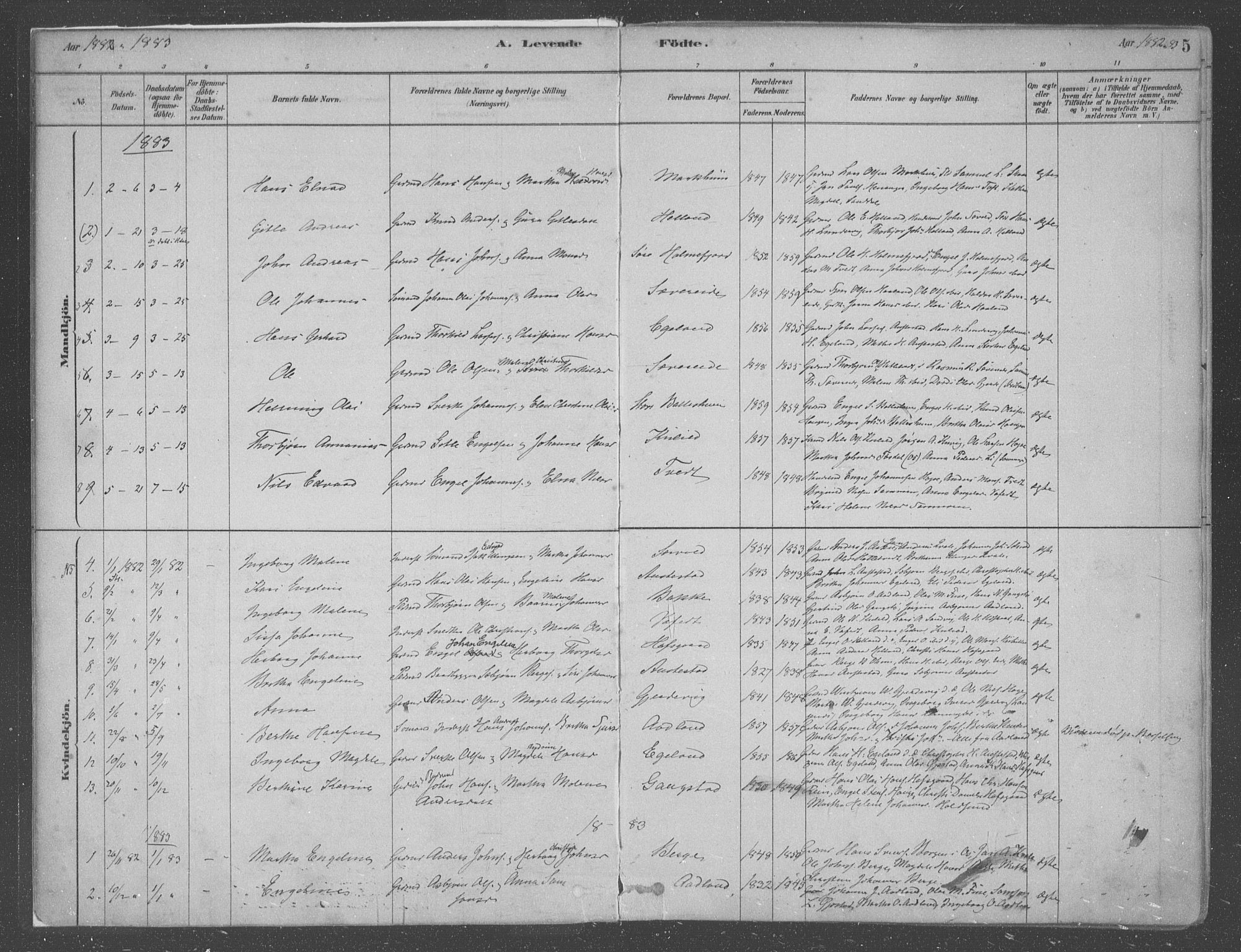 Fusa sokneprestembete, SAB/A-75401/H/Haa: Parish register (official) no. B 1, 1880-1938, p. 5