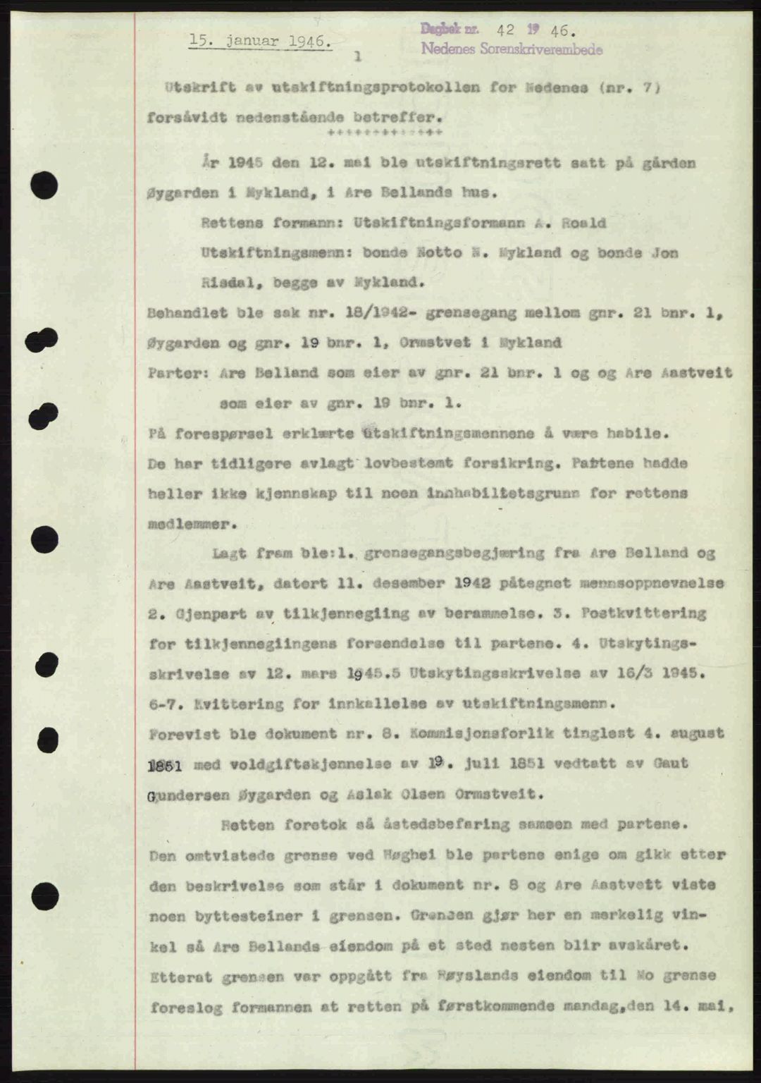 Nedenes sorenskriveri, SAK/1221-0006/G/Gb/Gba/L0054: Mortgage book no. A6c, 1946-1946, Diary no: : 42/1946