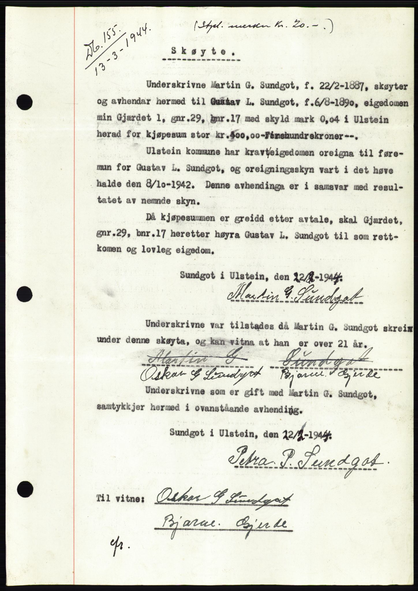 Søre Sunnmøre sorenskriveri, SAT/A-4122/1/2/2C/L0076: Mortgage book no. 2A, 1943-1944, Diary no: : 155/1944