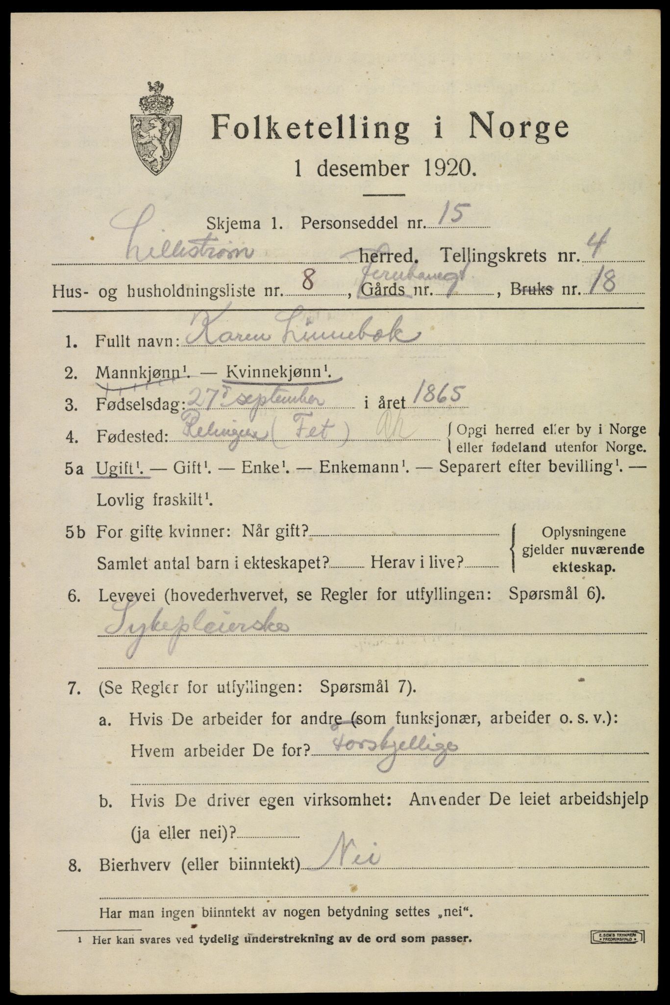 SAO, 1920 census for Lillestrøm, 1920, p. 11312