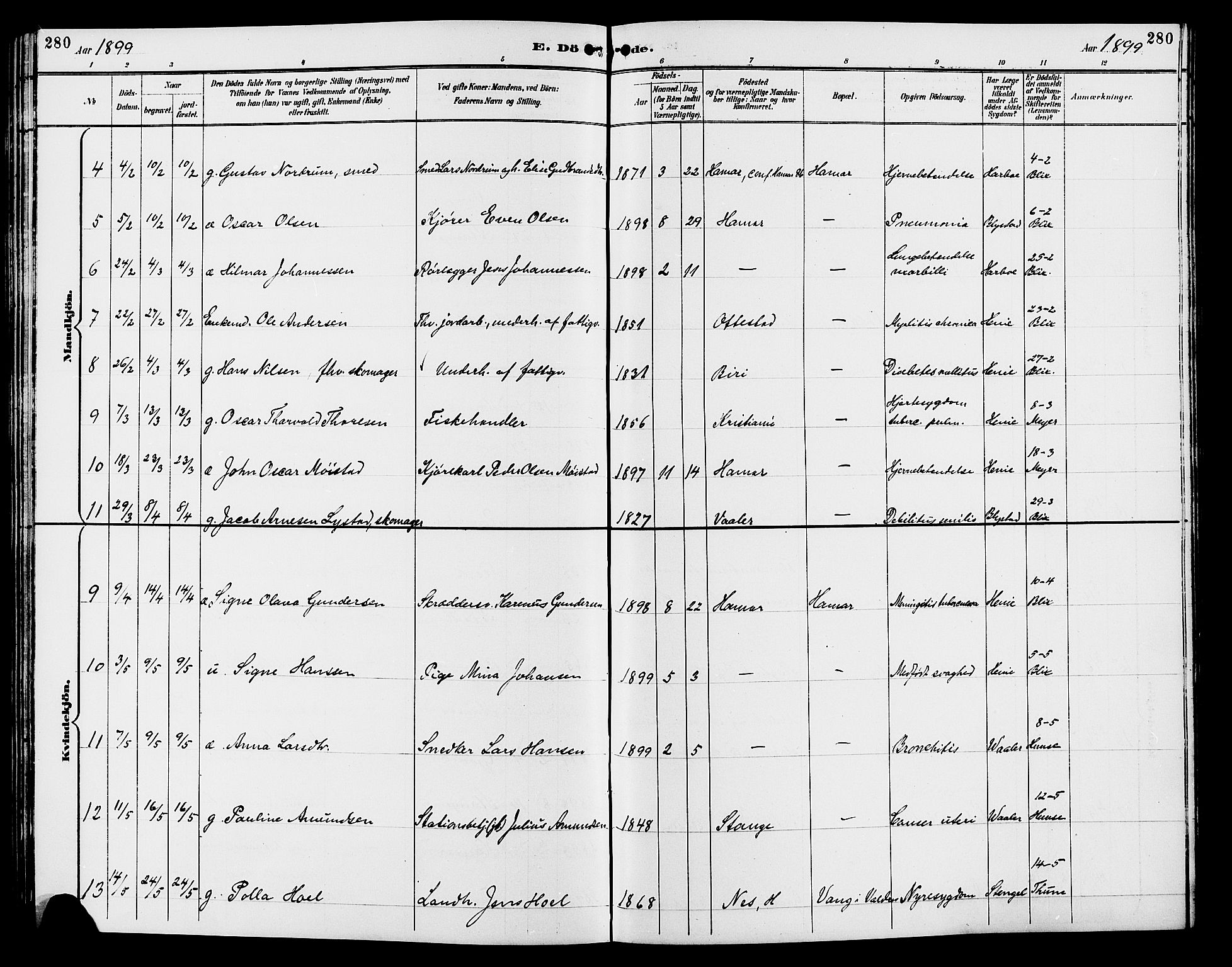 Vang prestekontor, Hedmark, SAH/PREST-008/H/Ha/Hab/L0013: Parish register (copy) no. 13, 1890-1899, p. 280