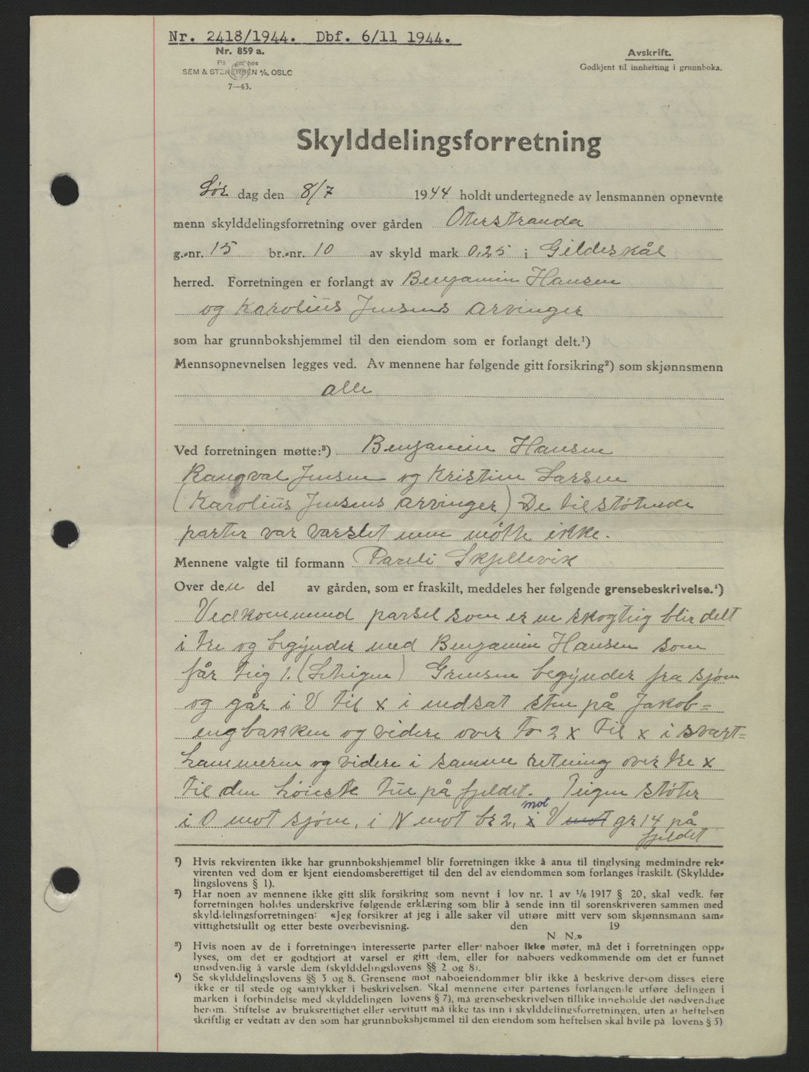 Salten sorenskriveri, AV/SAT-A-4578/1/2/2C: Mortgage book no. A14-15, 1943-1945, Diary no: : 2418/1944